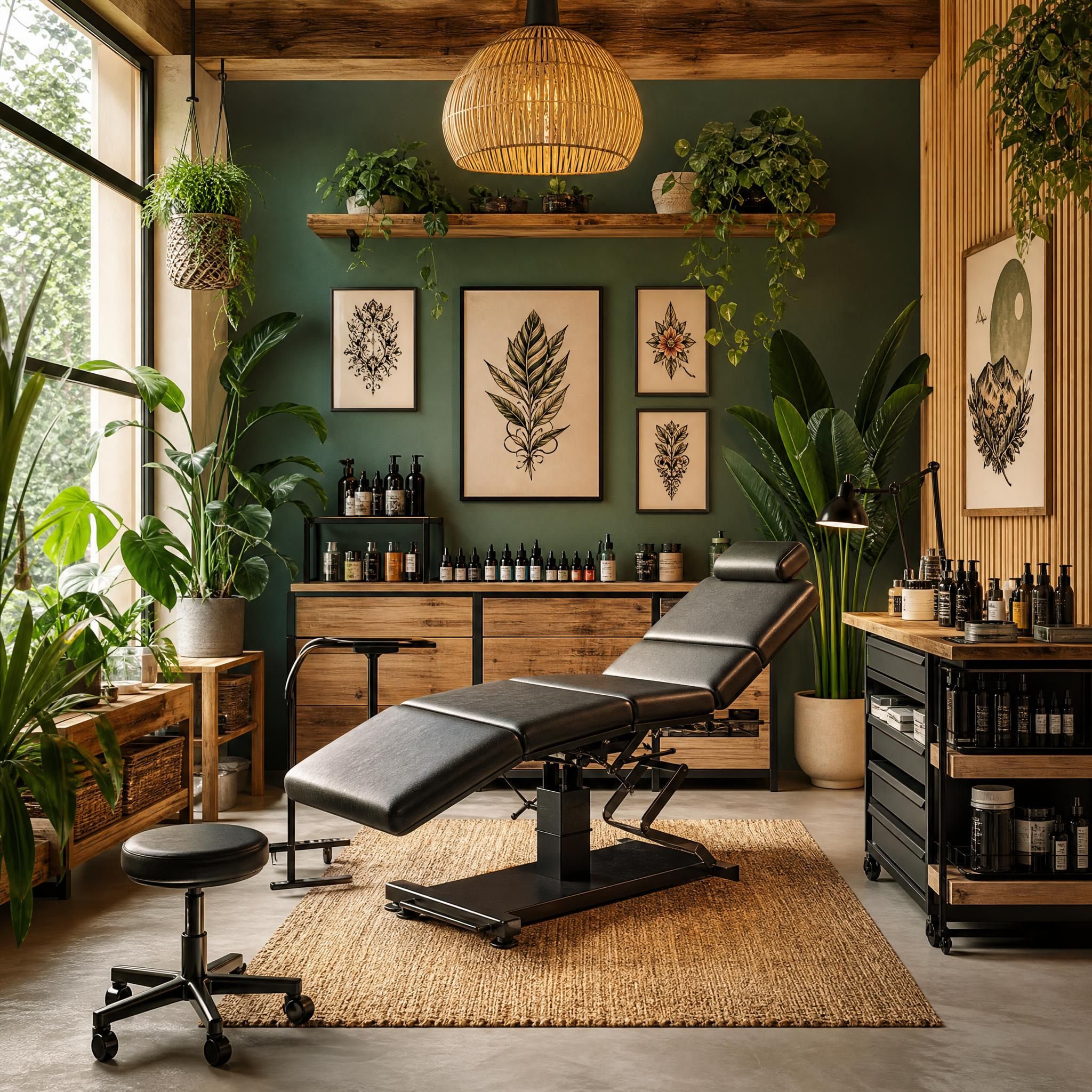 Illustration d'un studio de tatouage éco-responsable avec plantes et matériaux naturels, style illustratif coloré sans texte