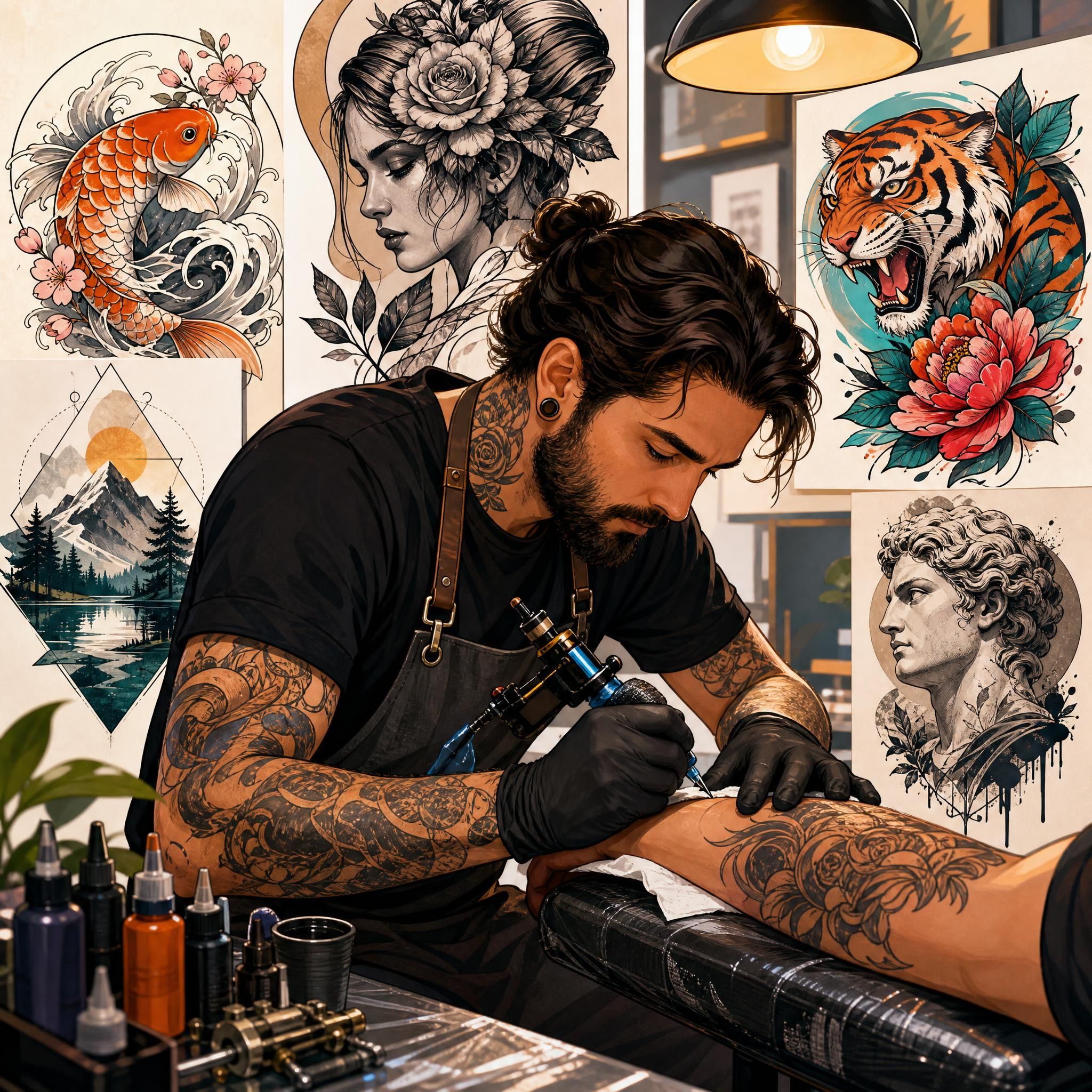 Illustration artistique d'un tatoueur au travail avec différents styles de tatouage autour de lui, style illustratif coloré sans texte