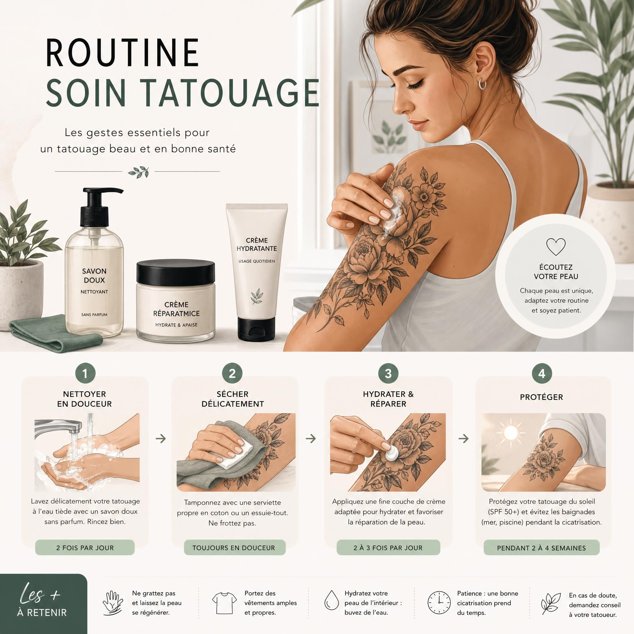 Illustration d'une routine de soin tatouage avec crèmes, savon doux et protection, style illustratif doux et apaisant