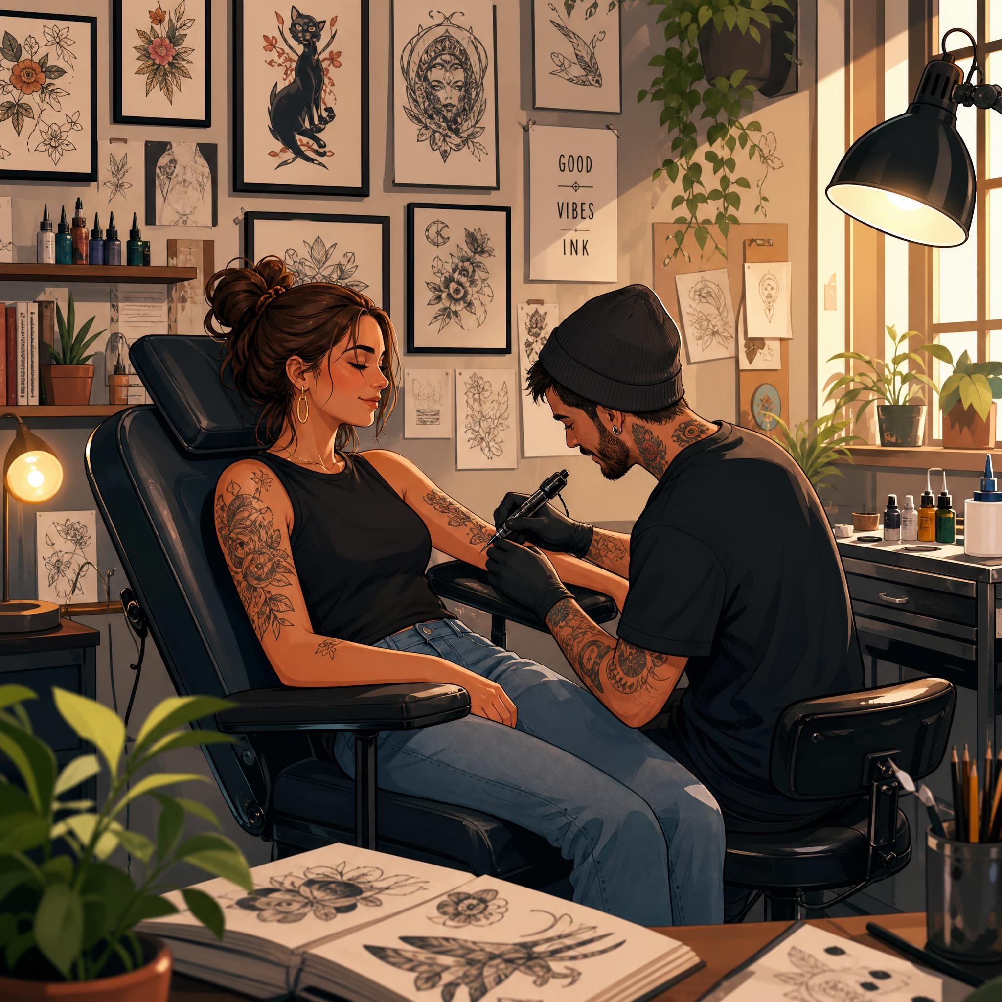Illustration colorée et bienveillante d'une personne assise dans un fauteuil de tatoueur, entourée de dessins et d'esquisses dans un studio chaleureux