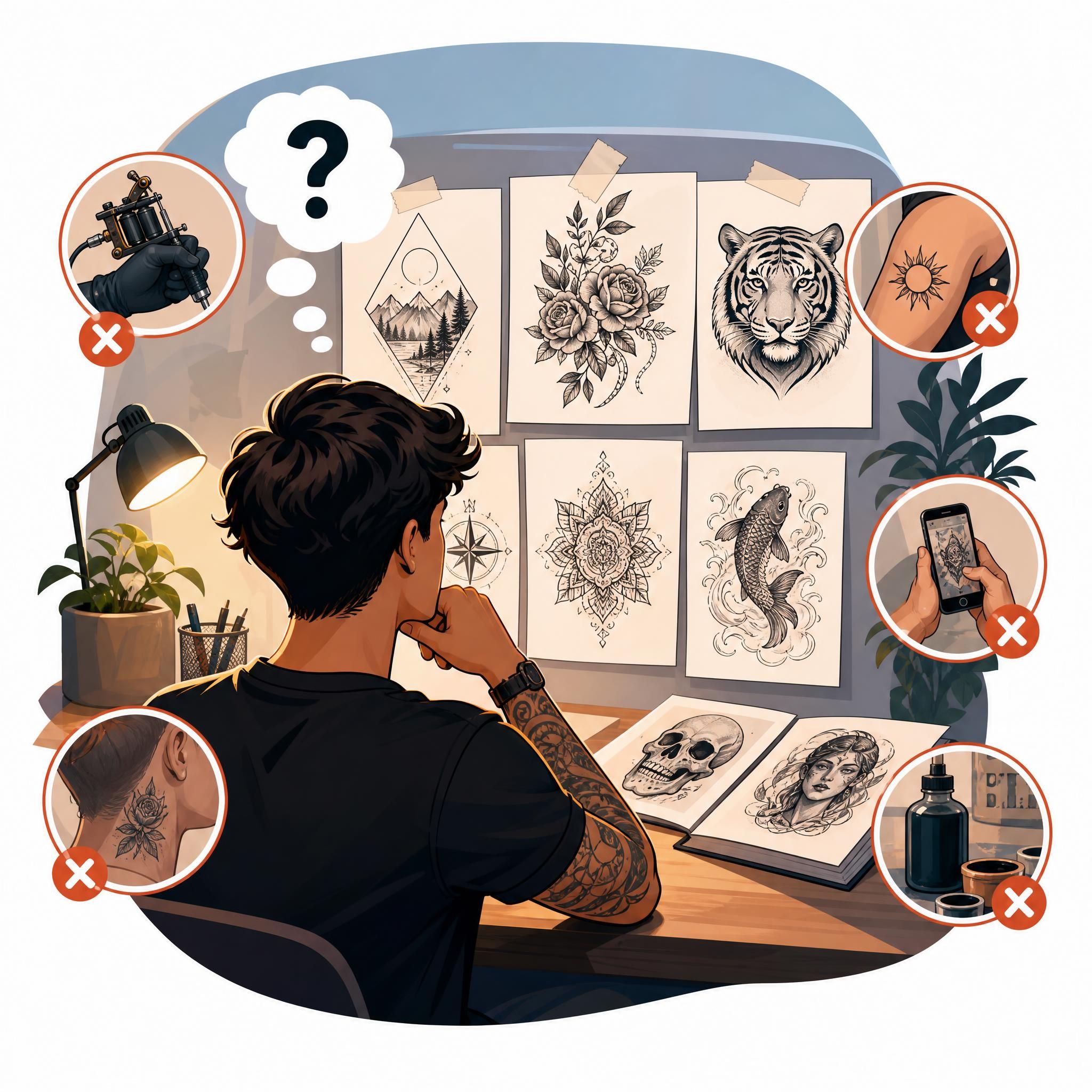 Illustration colorée et illustrative d'une personne réfléchissant devant plusieurs designs de tatouage, entourée de symboles représentant les pièges à éviter, style graphique moderne sans texte