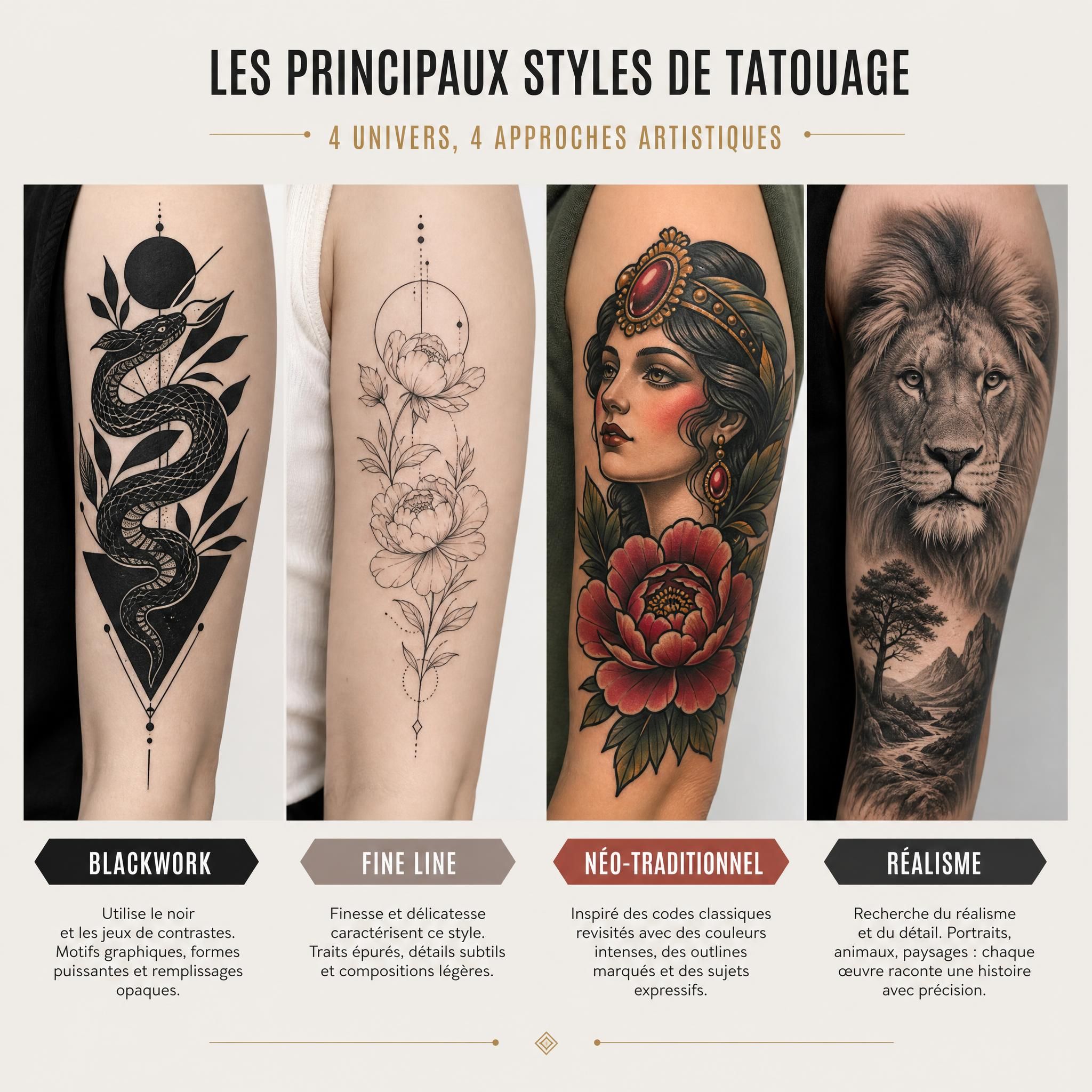 Illustration représentant différents styles de tatouage côte à côte — blackwork, fine line, néo-traditionnel, réalisme — dans un style graphique illustratif