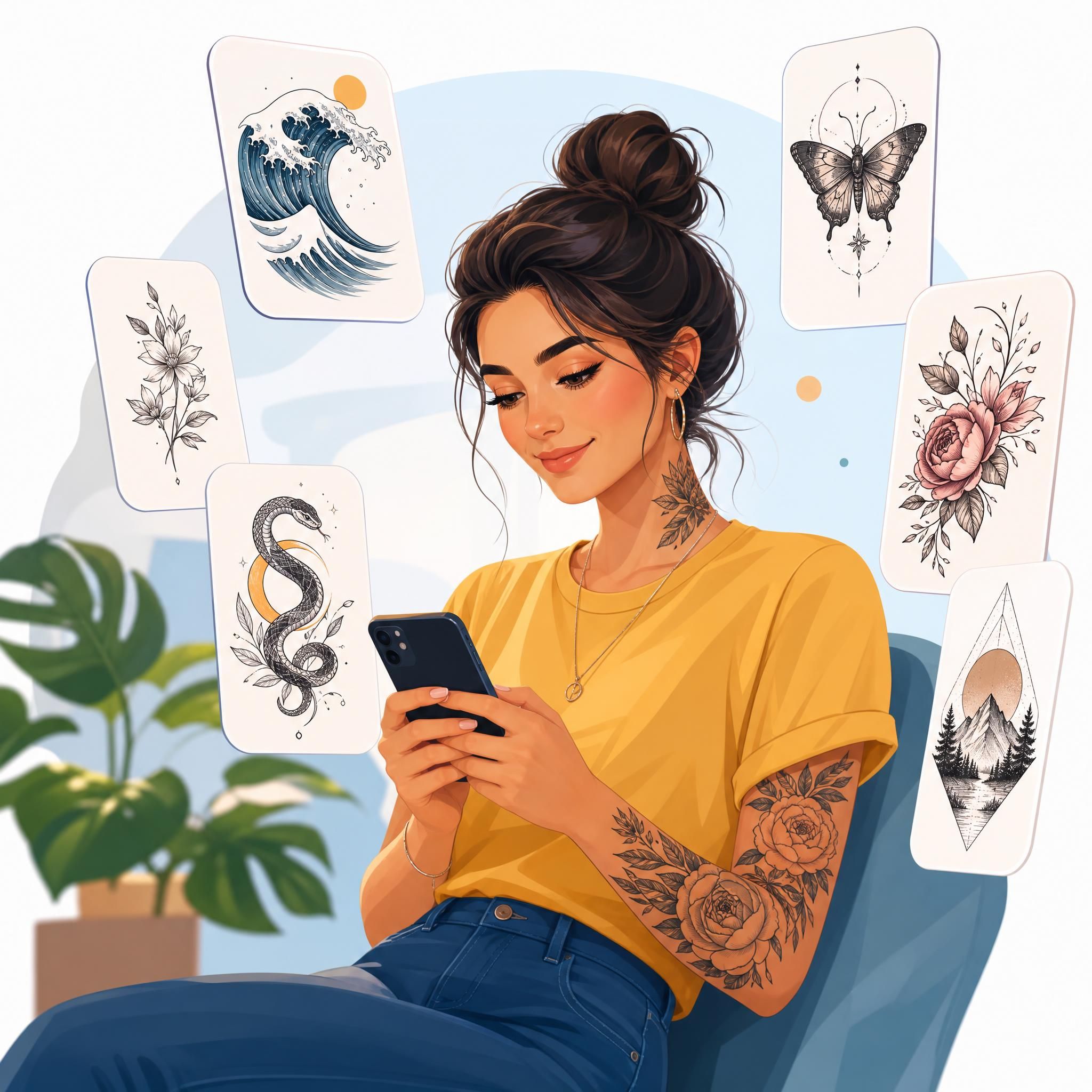 Illustration colorée et moderne d'une personne tenant un smartphone avec des designs de tatouage flottant autour d'elle, style illustratif sans texte