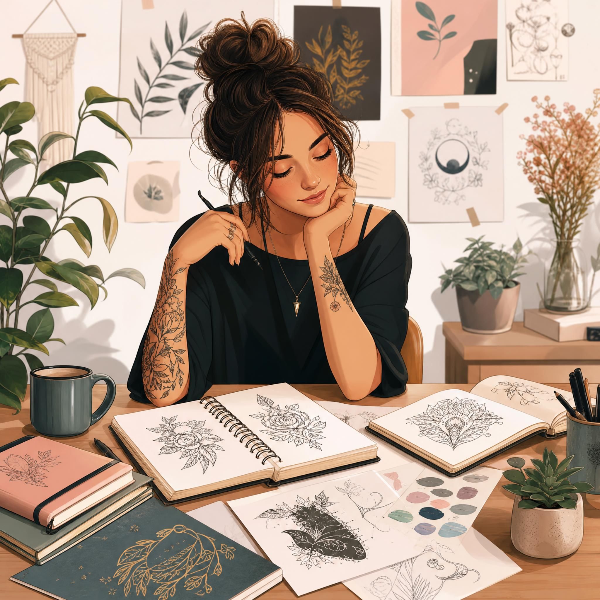 Illustration bienveillante et illustrative représentant une femme entourée de carnets d'inspiration et de dessins de tatouage, symbolisant la phase de réflexion et de préparation, style doux et coloré sans texte