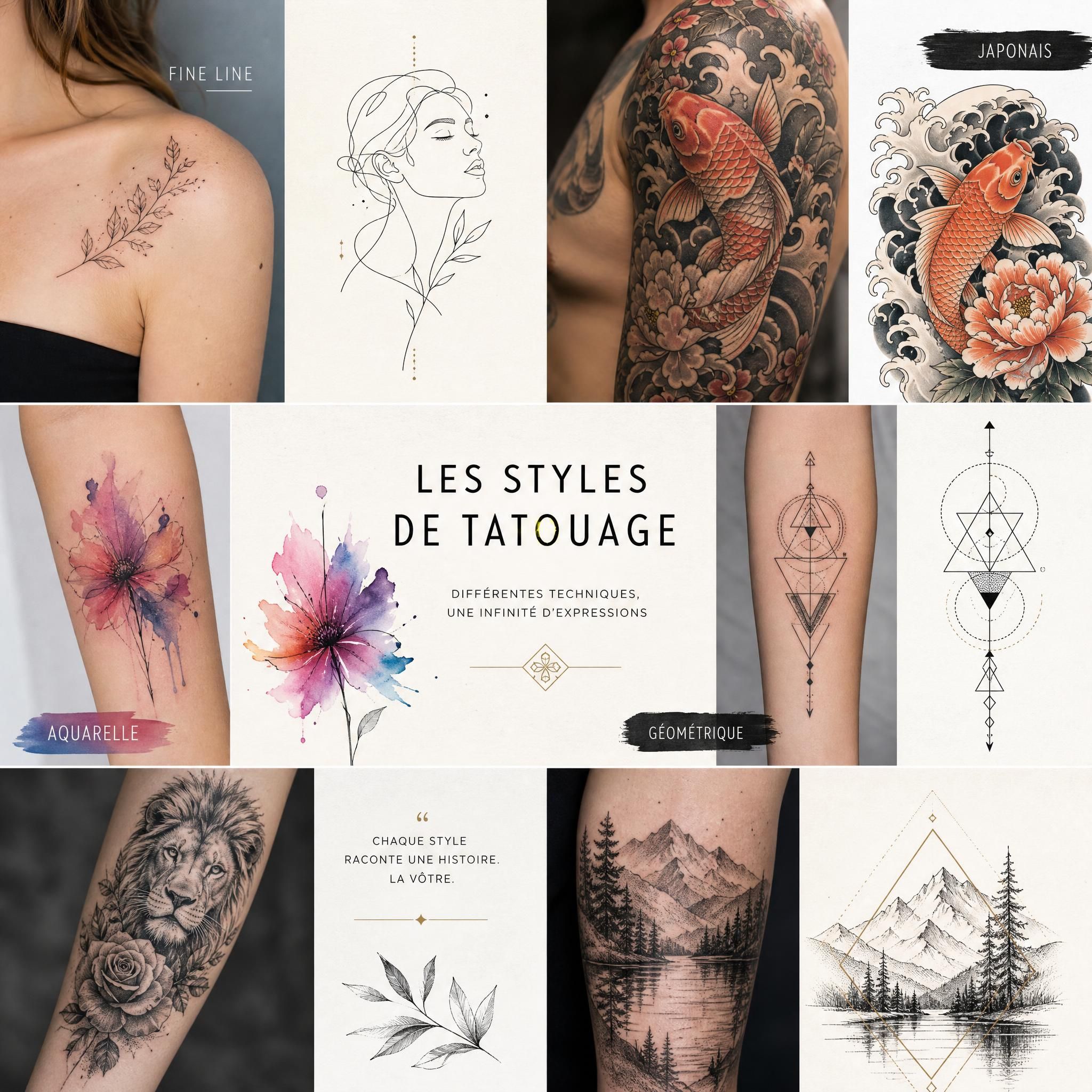 Illustration inspirante montrant une mosaïque de différents styles de tatouage — fine line, japonais, aquarelle, géométrique — disposés harmonieusement comme un portfolio d'artiste