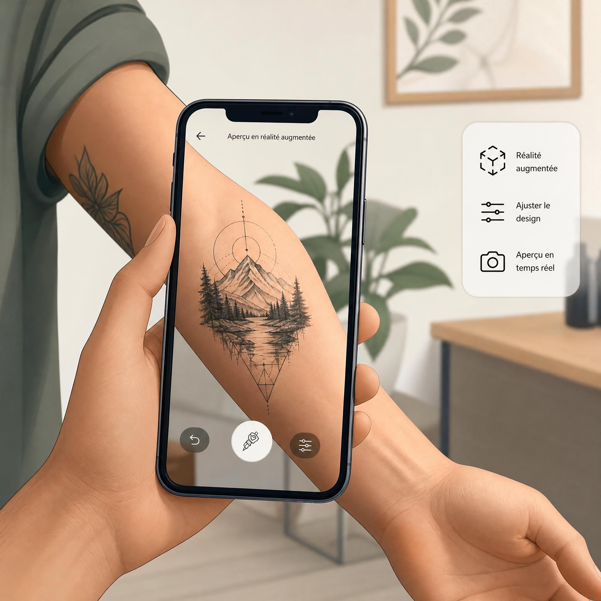 Illustration d'un bras avec un tatouage en cours de visualisation via réalité augmentée sur un smartphone, style illustratif doux et moderne