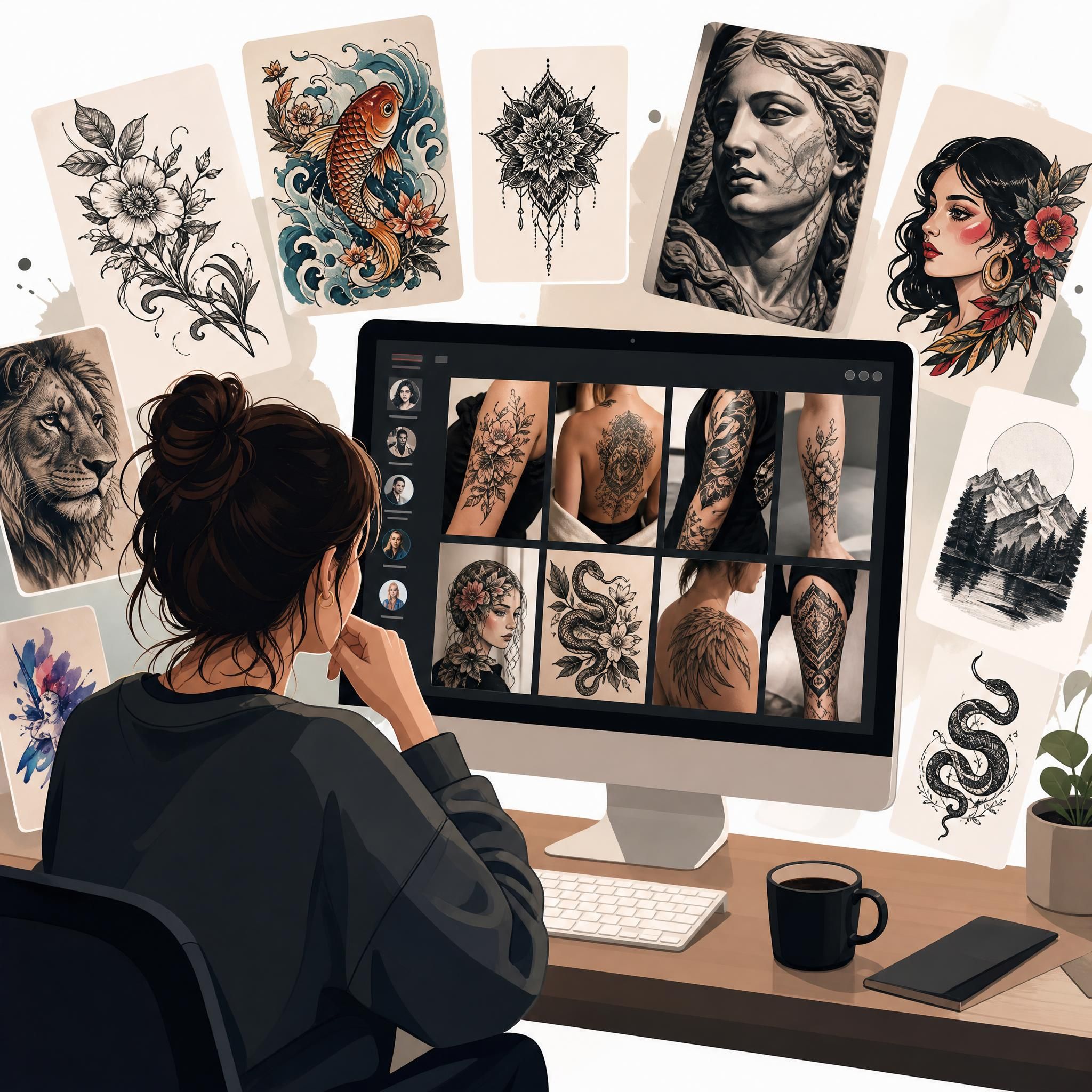 Illustration d'une personne parcourant des portfolios de tatoueurs sur un écran, entourée d'exemples de différents styles de tatouage, style illustratif sans texte