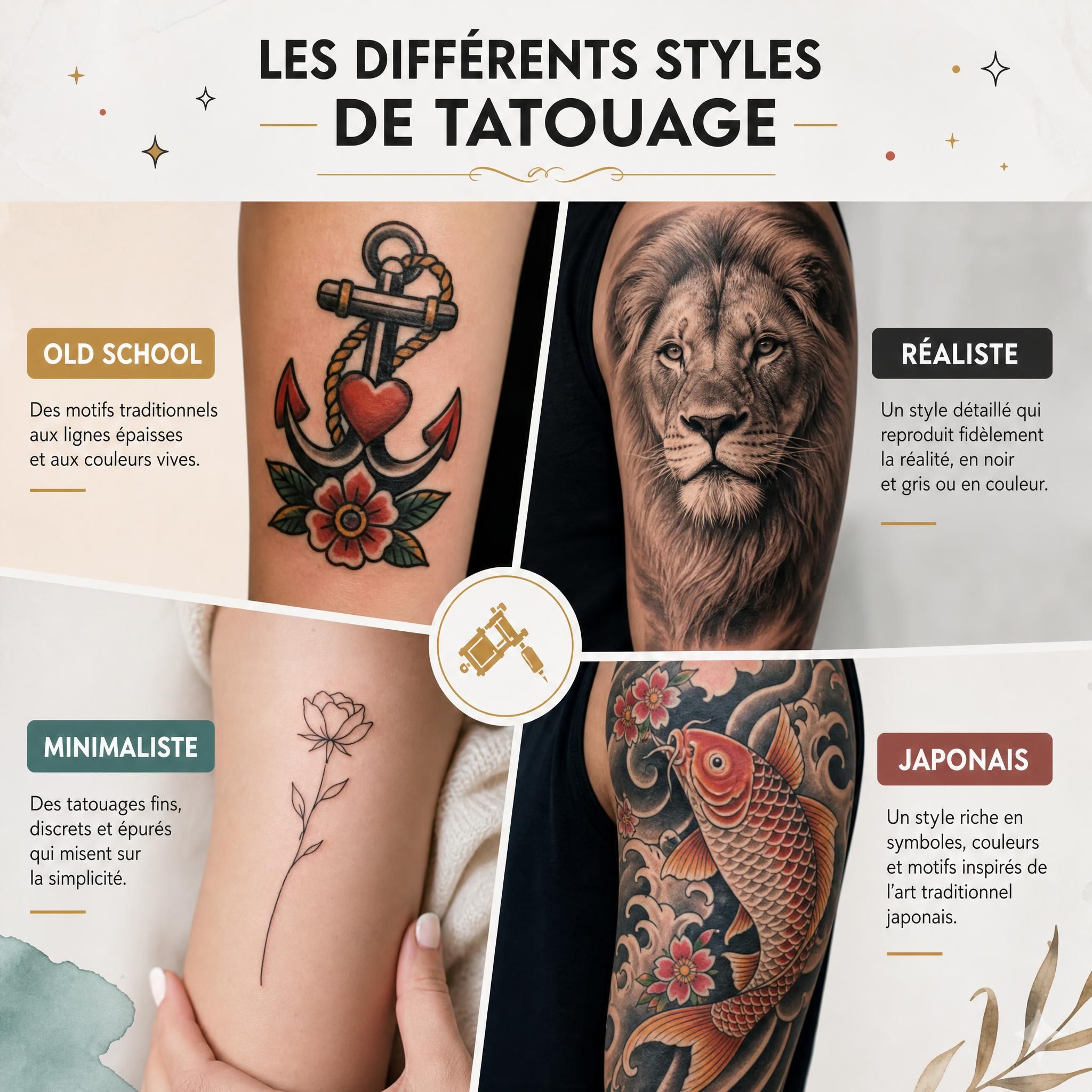 Illustration colorée montrant une sélection de styles de tatouage variés – old school, réaliste, minimaliste, japonais – disposés en mosaïque artistique