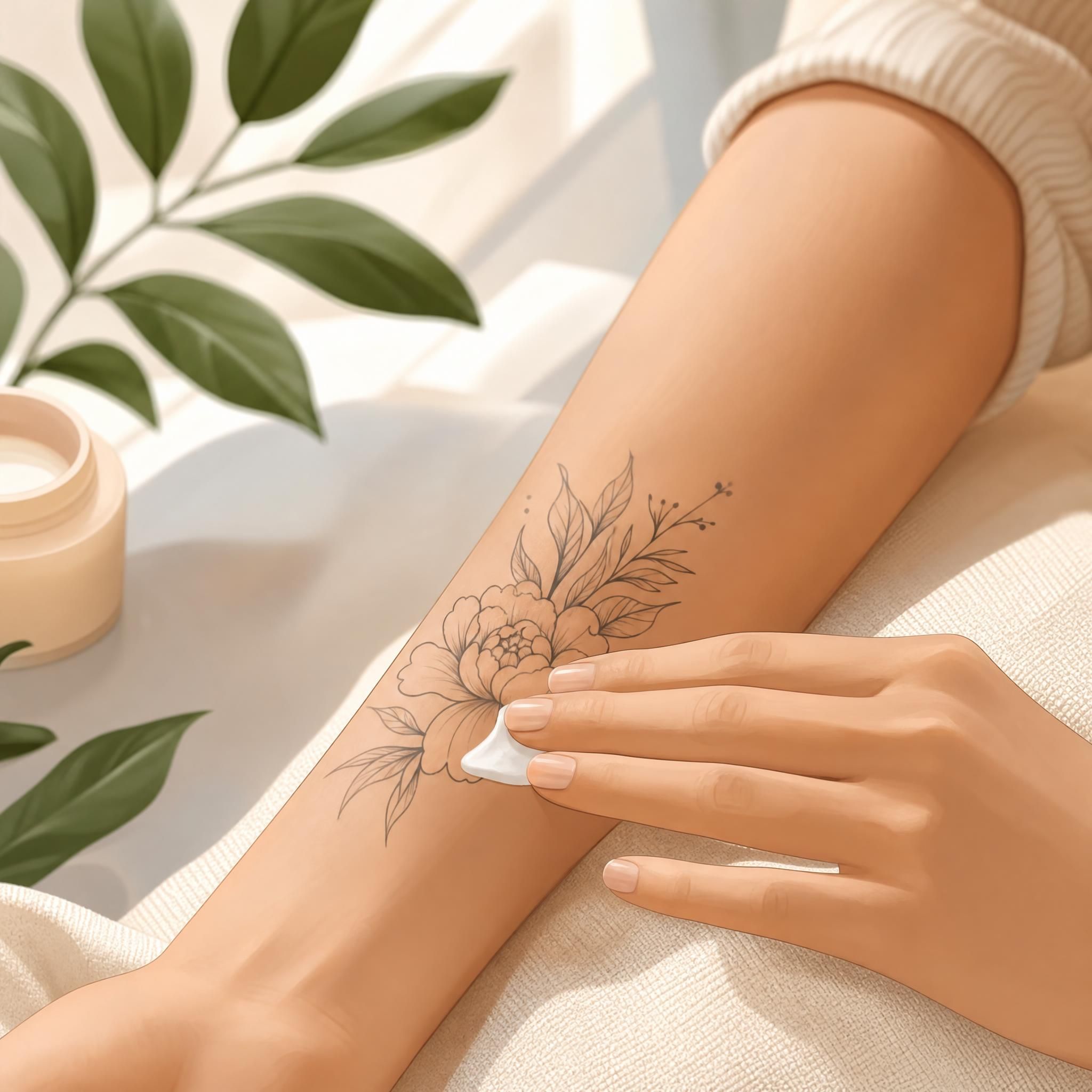 Illustration douce et apaisante d'une main appliquant délicatement une crème sur un tatouage frais sur l'avant-bras, style illustratif sans texte