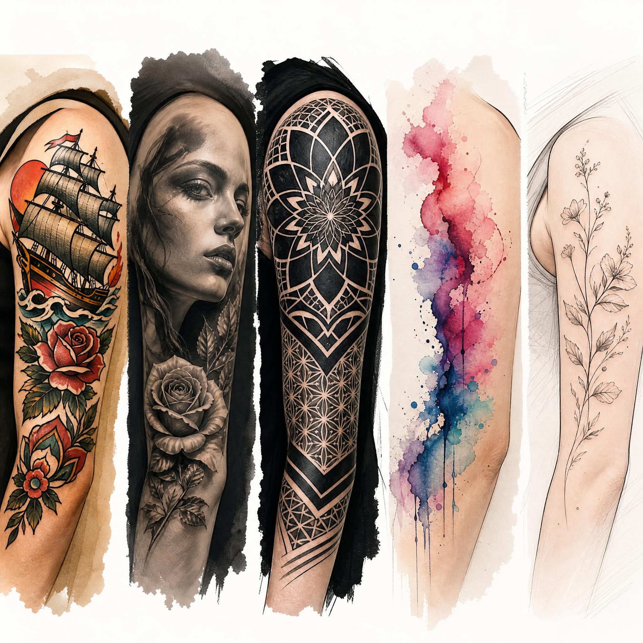 Illustration en style planche artistique montrant différents styles de tatouage côte à côte — traditionnel, réalisme, blackwork, aquarelle, fineline — style illustratif sans texte