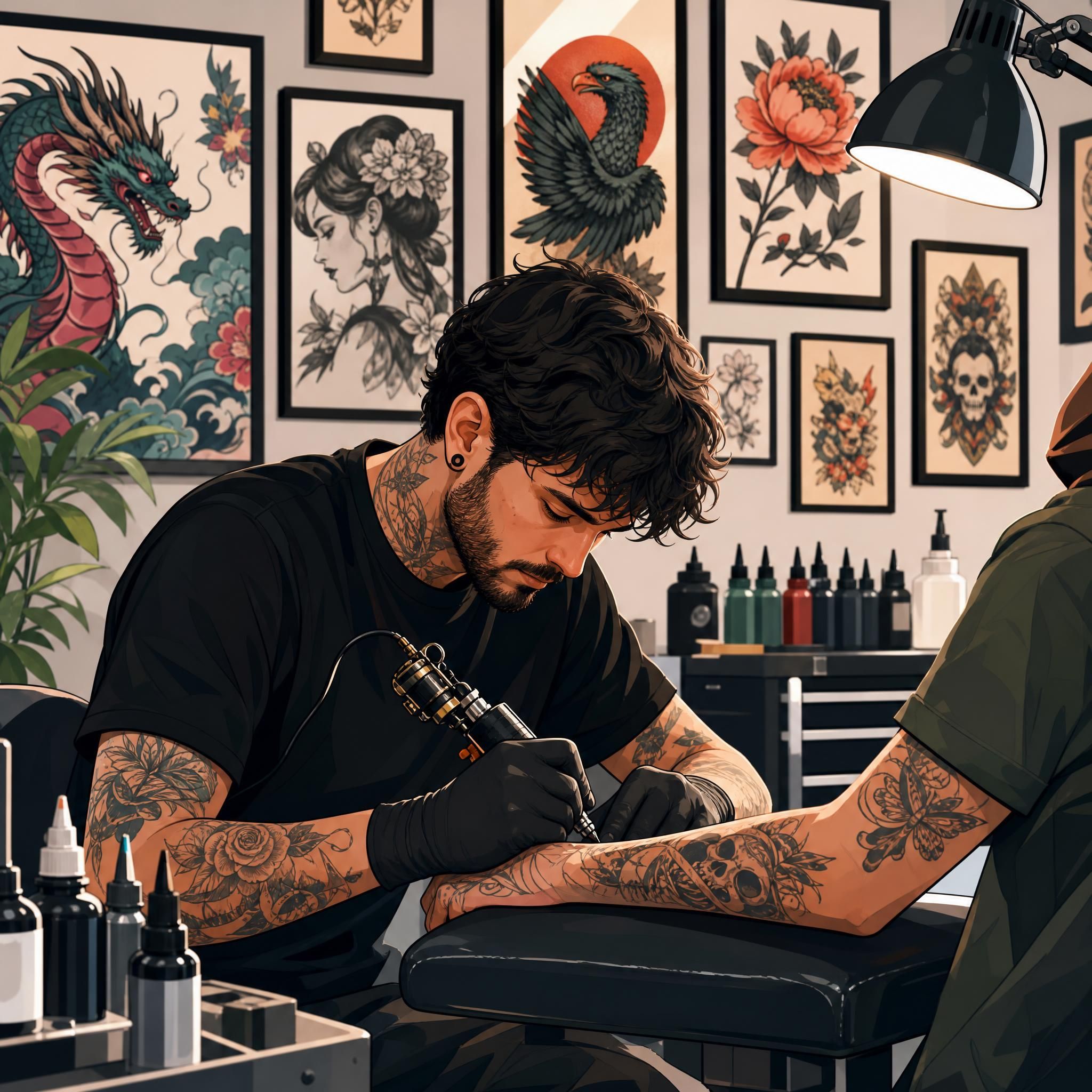 Illustration colorée et illustrative d'un tatoueur au travail dans un studio moderne, entouré de références artistiques variées, style illustratif sans texte