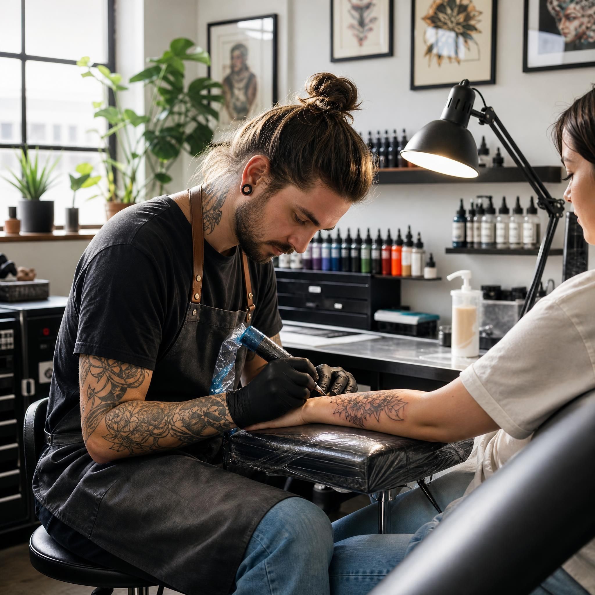Illustration illustrative d'un tatoueur professionnel au travail dans un studio lumineux et soigné, ambiance artistique et bienveillante