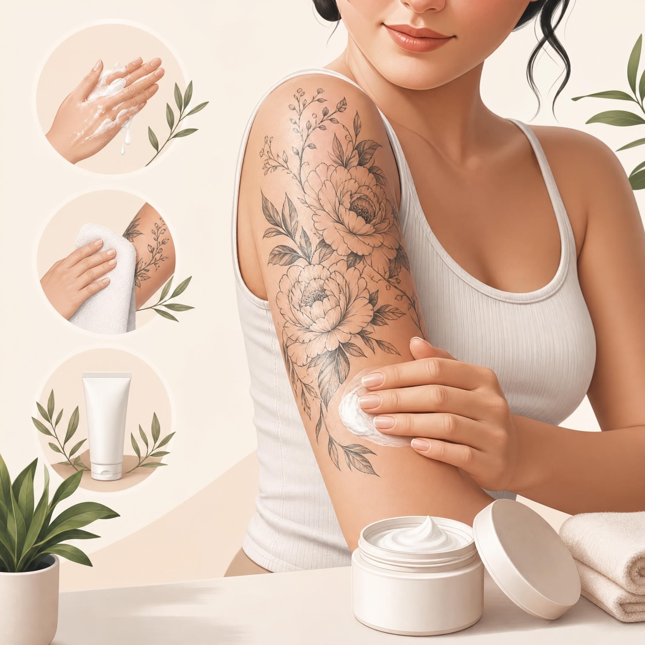 Illustration de soins après tatouage, crème hydratante et peau tatouée bien entretenue, style illustratif doux sans texte