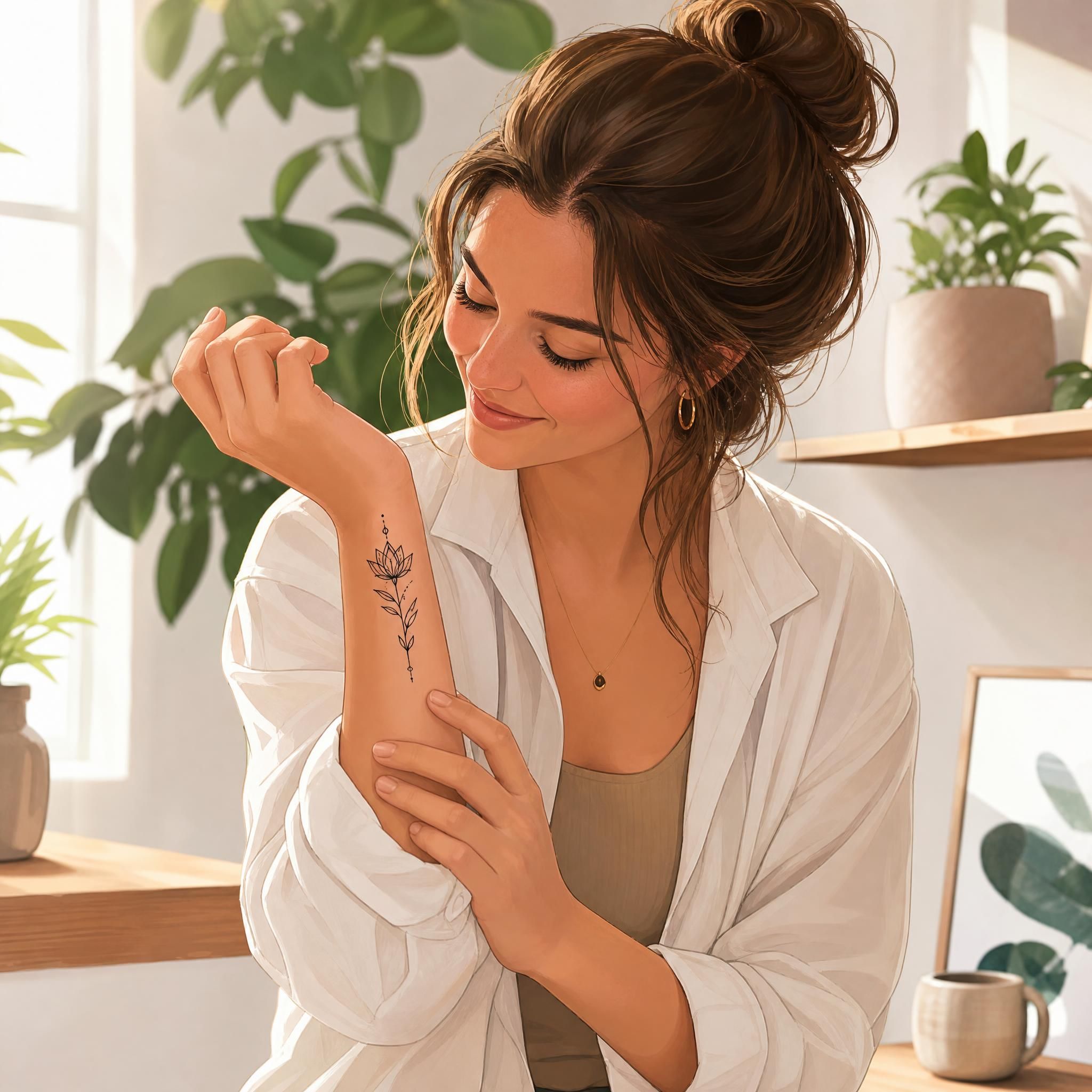Illustration inspirante d'une personne admirant son nouveau tatouage sur le poignet, entourée d'un environnement lumineux et positif, style illustratif sans texte