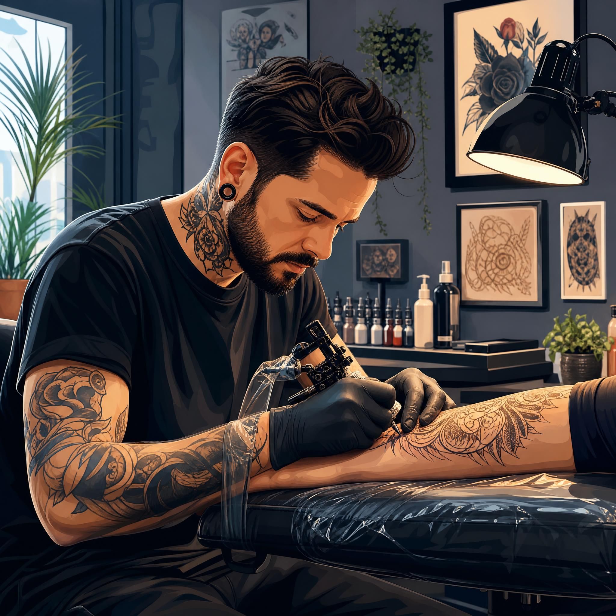 Illustration artistique d'un tatoueur professionnel travaillant dans son studio, style illustratif coloré sans texte