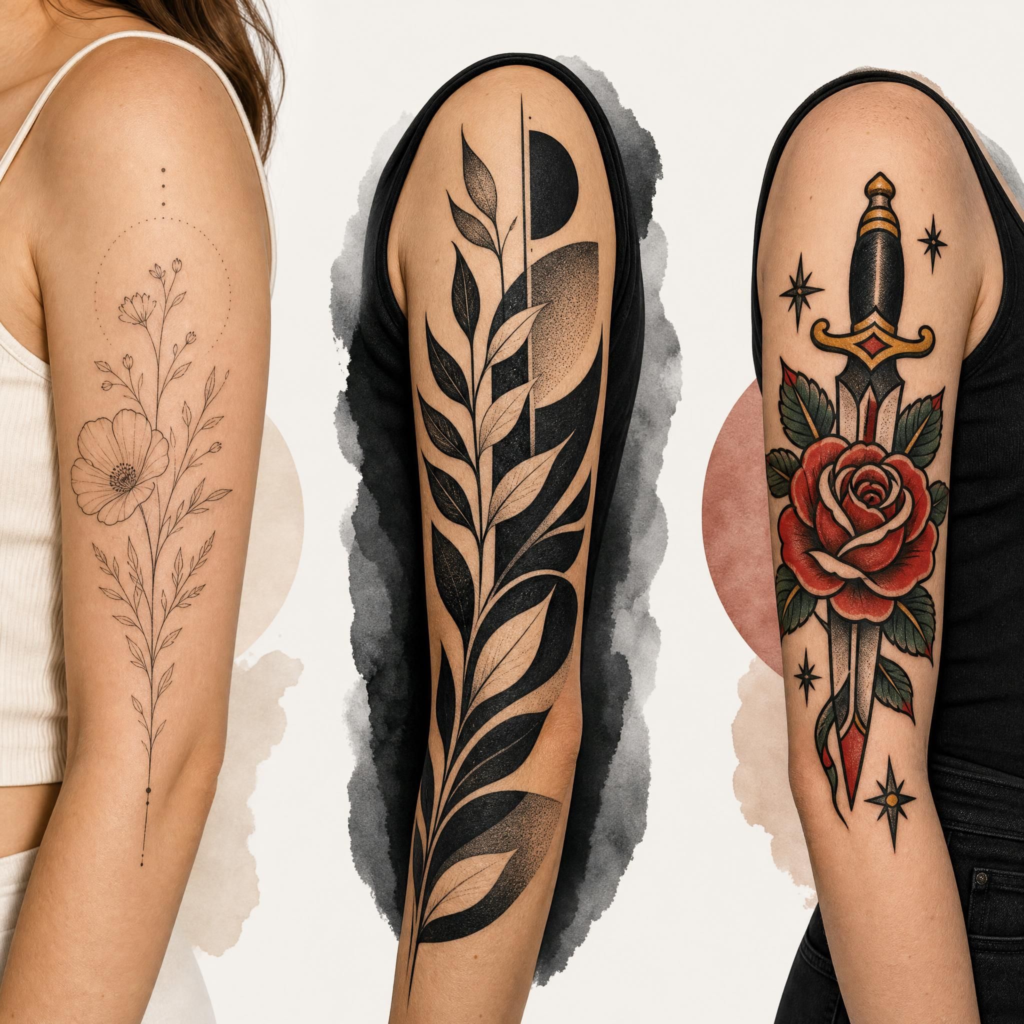 Illustration montrant différents styles de tatouage côte à côte, fine line, blackwork et traditionnel, style illustratif sans texte