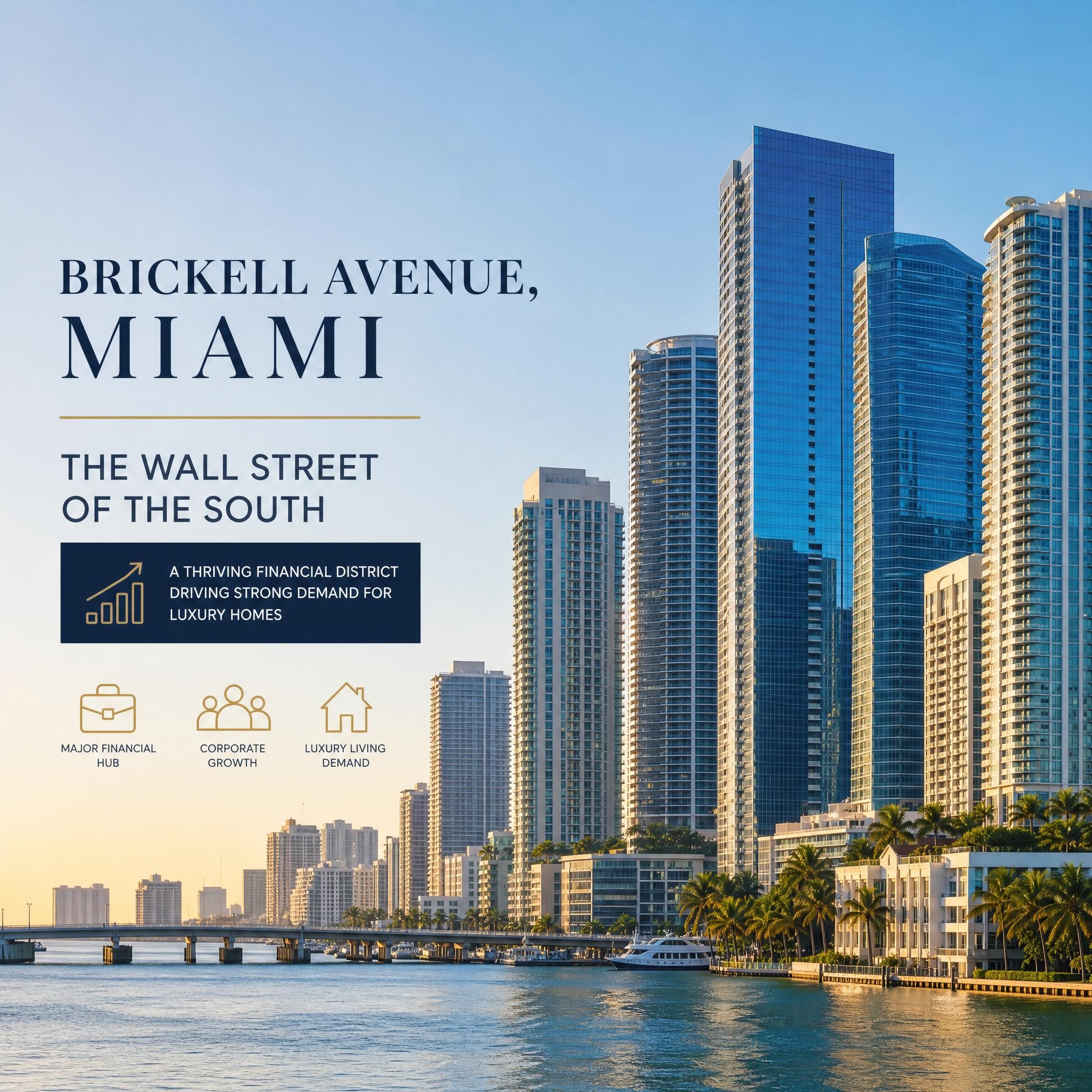 Brickell Avenue Miami skyline with luxury high-rise towers representing the Wall Street of the South financial district driving luxury home demand