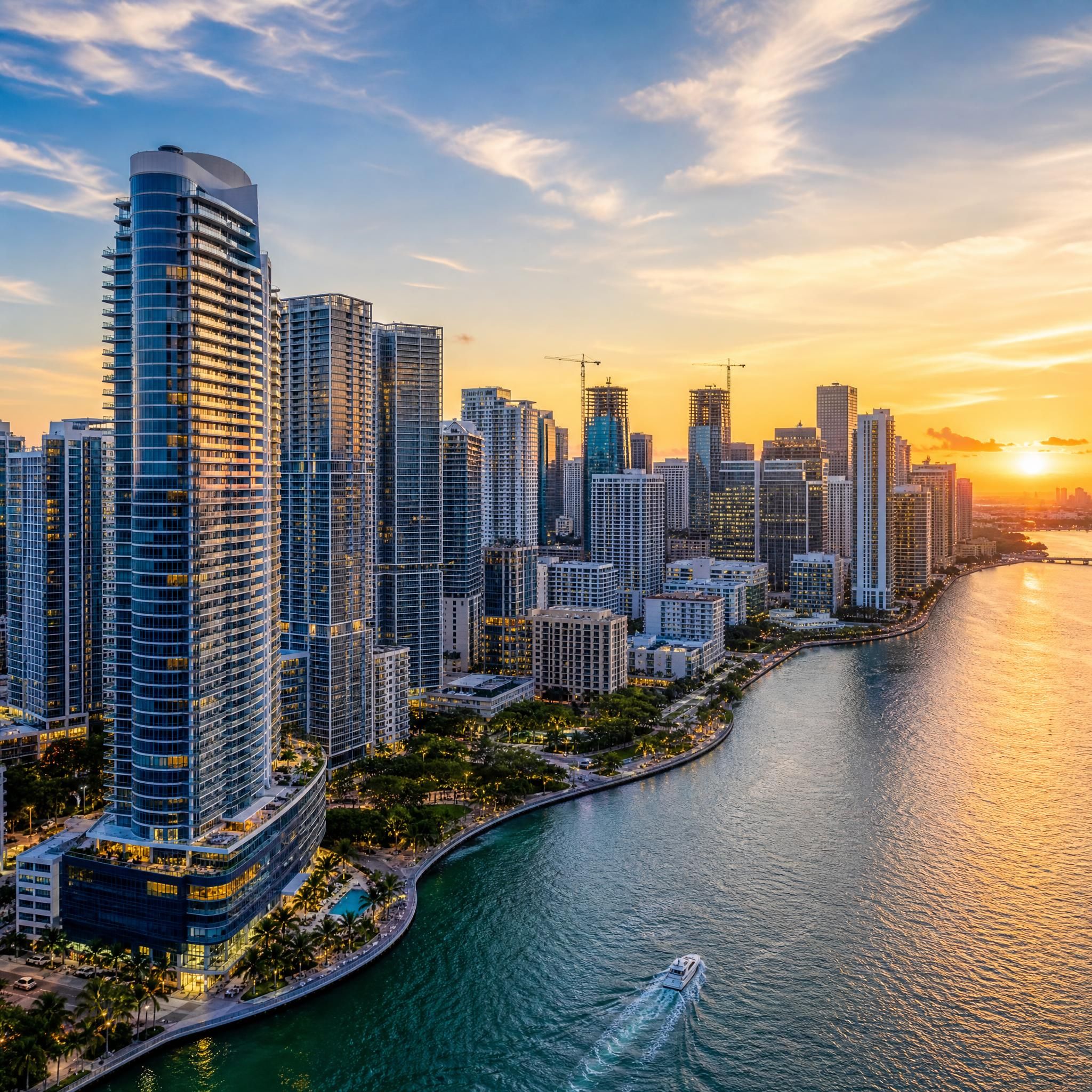 Aerial sunset view of Miami's luxury skyline with Brickell towers and Biscayne Bay waterfront, showcasing new construction high-rises