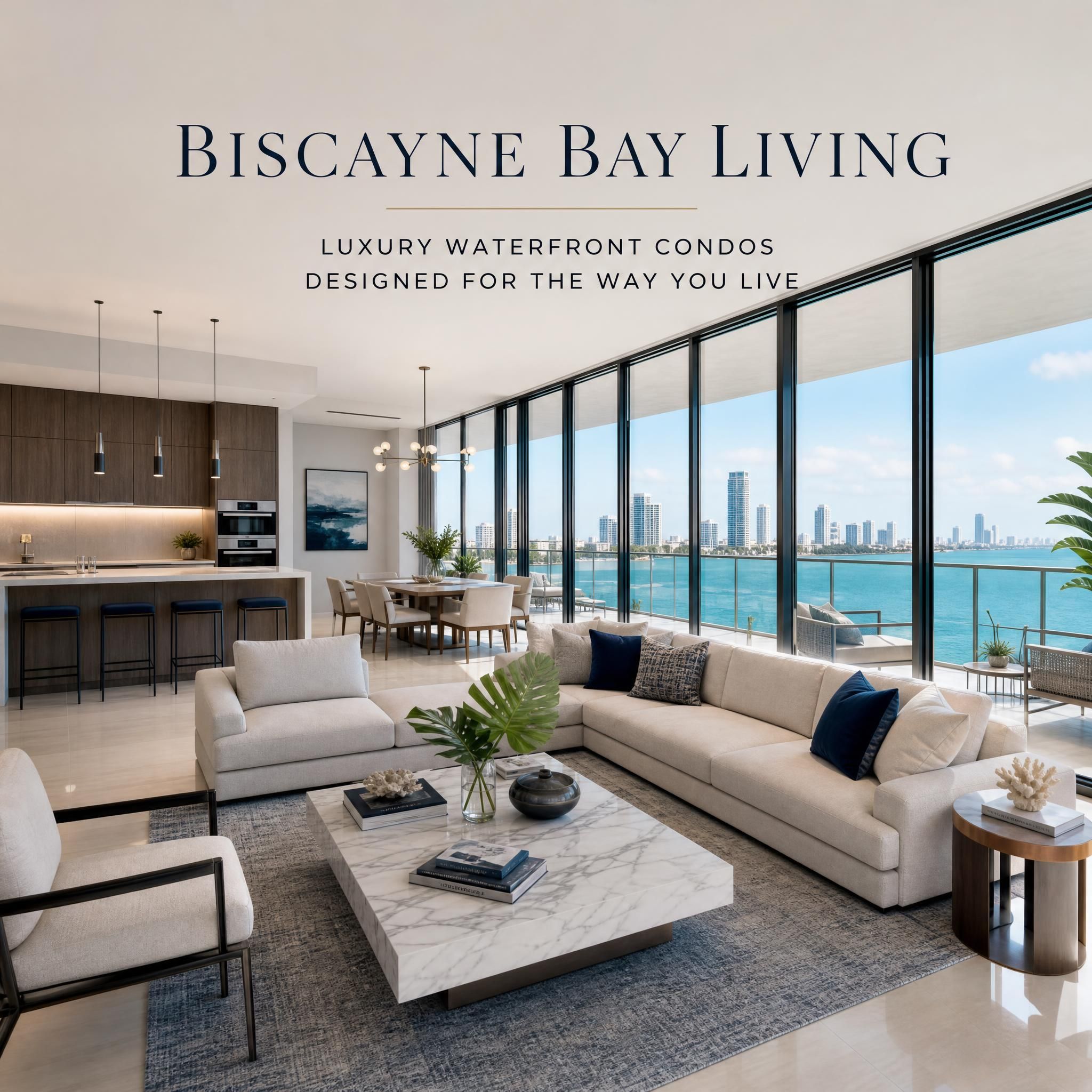 Luxury waterfront condo interior with floor-to-ceiling windows overlooking Biscayne Bay, featuring open-plan living space and designer finishes