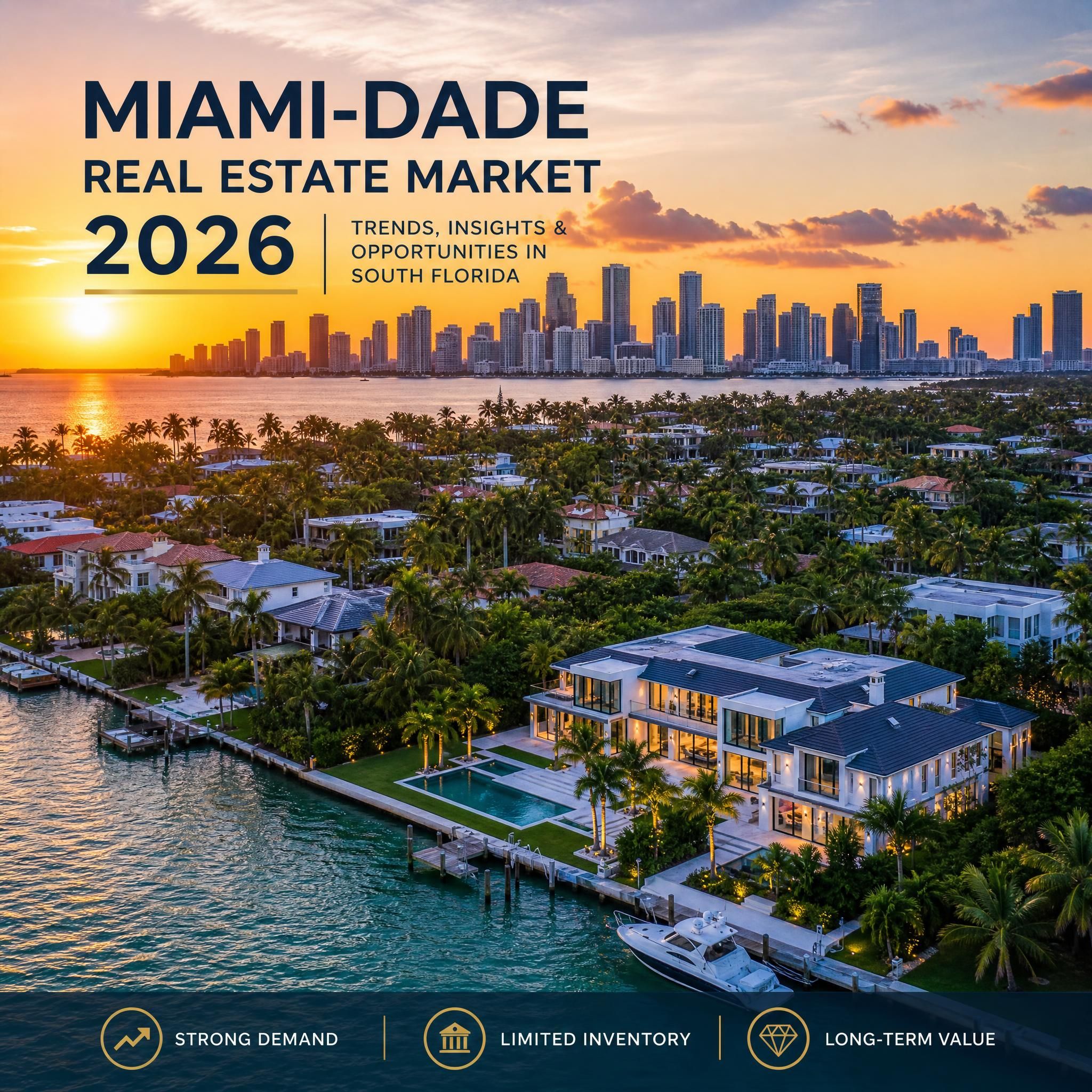 Aerial view of Miami-Dade luxury waterfront homes with the Miami skyline at sunset, showcasing the South Florida real estate market in 2026