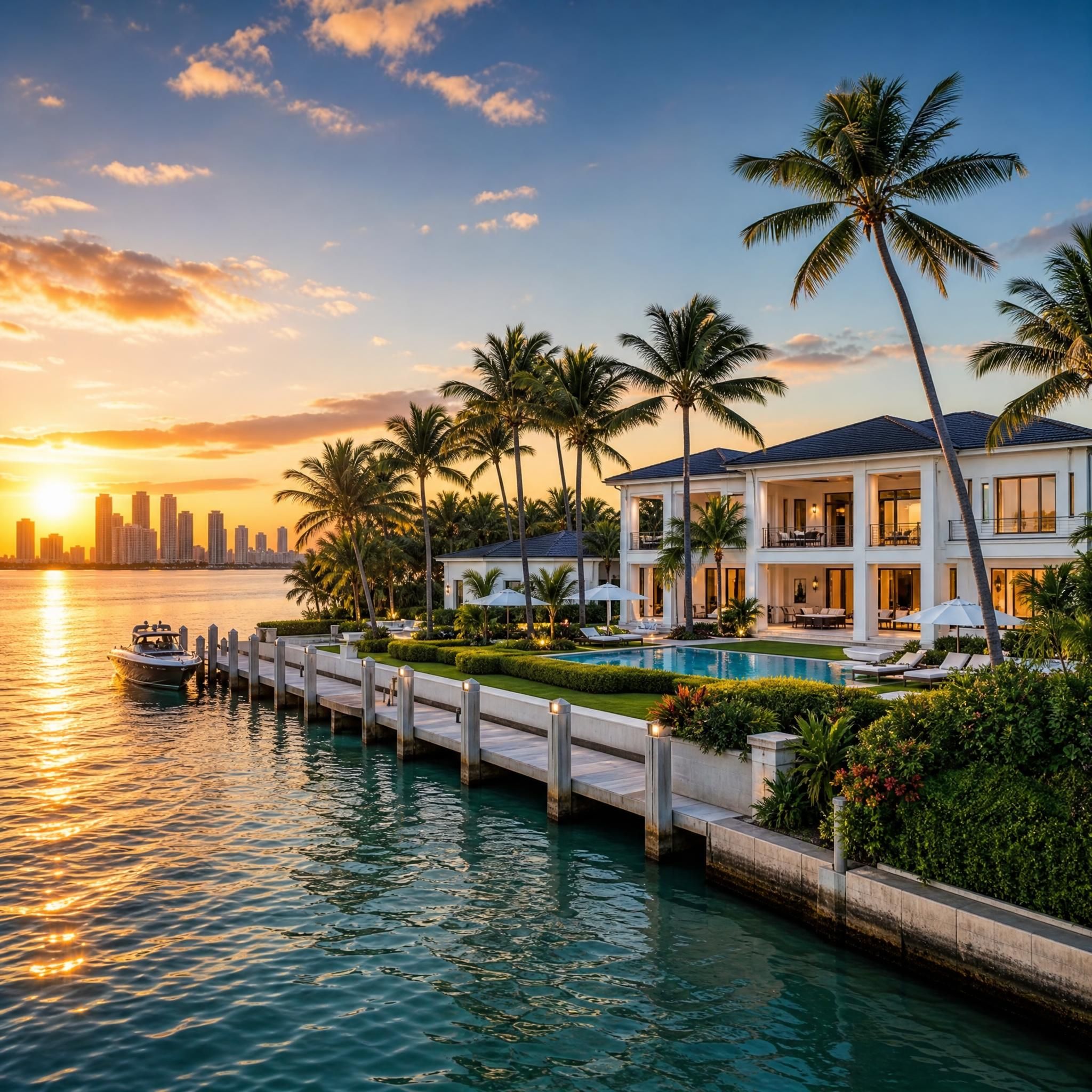 Miami Beach bayfront luxury mansion and waterfront compound at golden hour, showcasing South Florida waterfront lifestyle