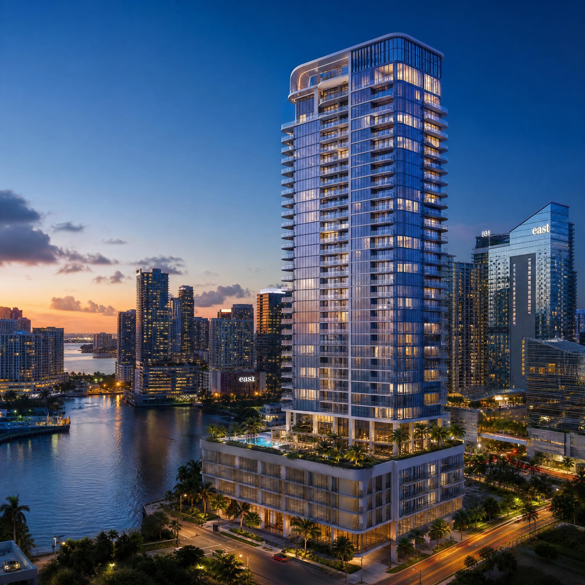 Brickell Miami luxury condo tower exterior at dusk with city lights reflecting on glass facade, showing new high-rise construction