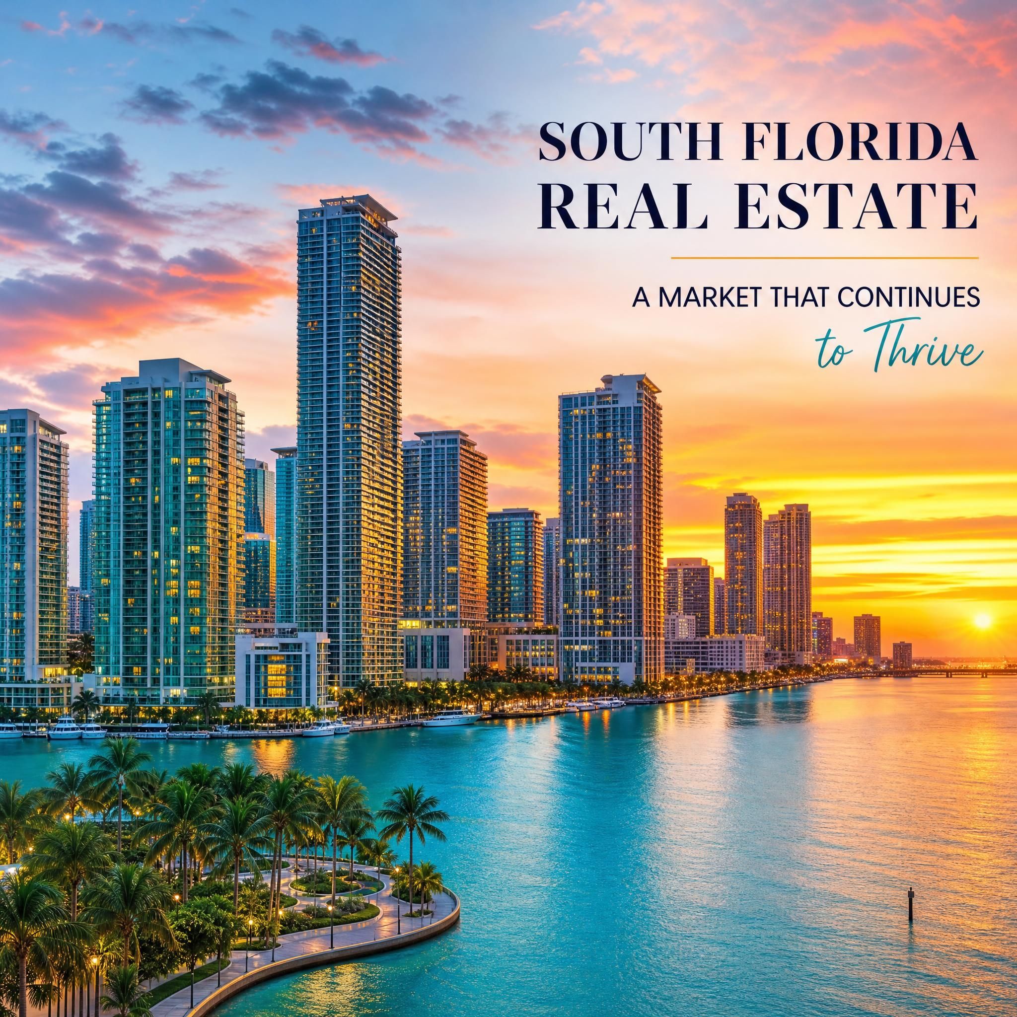 Vibrant South Florida skyline at sunset showing Miami waterfront with Brickell towers and Biscayne Bay, representing the thriving South Florida real estate market