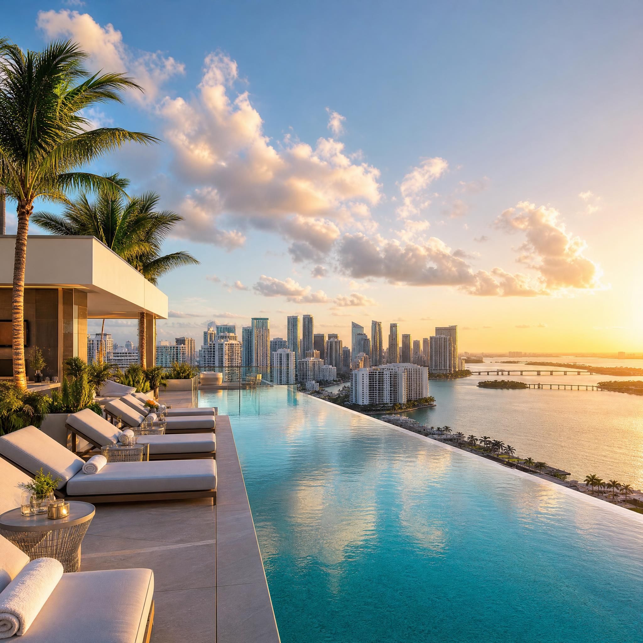 Rooftop infinity pool at a Miami luxury condo tower overlooking the city skyline and Biscayne Bay at golden hour