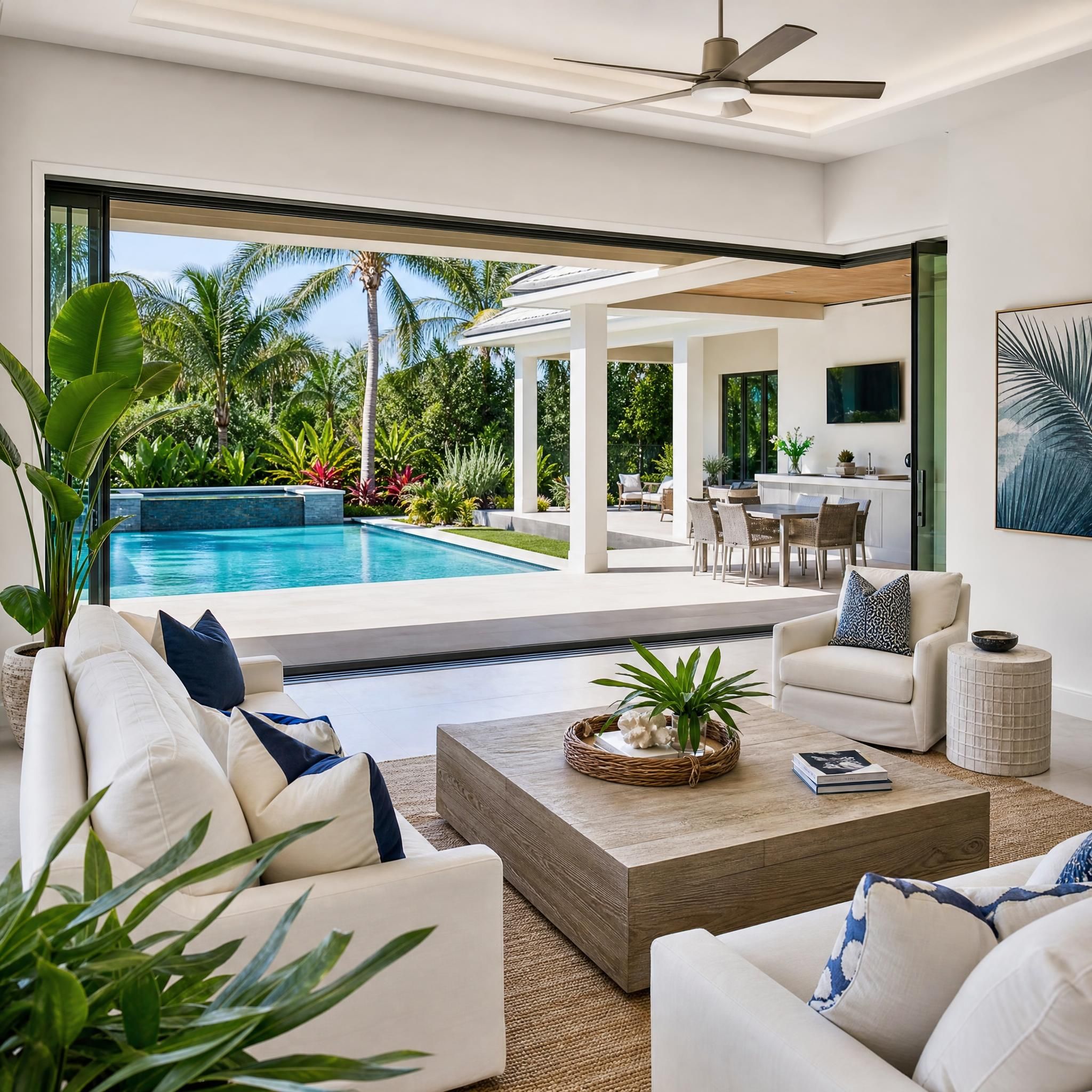 Professional home staging of a South Florida living room with open sliding doors leading to a pool and outdoor living area, natural light, tropical landscaping