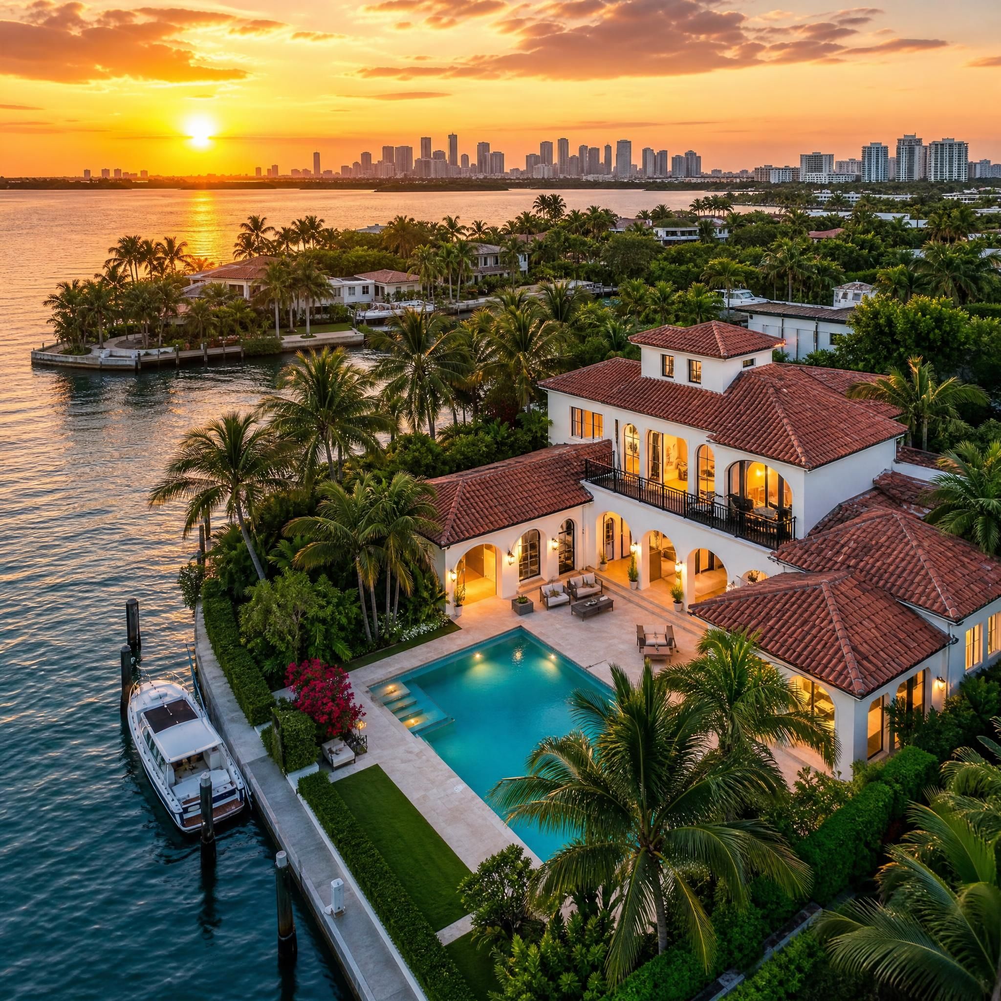 Stunning waterfront luxury home in Coral Gables Miami-Dade County Florida at golden hour, aerial view showing pool and lush tropical landscaping
