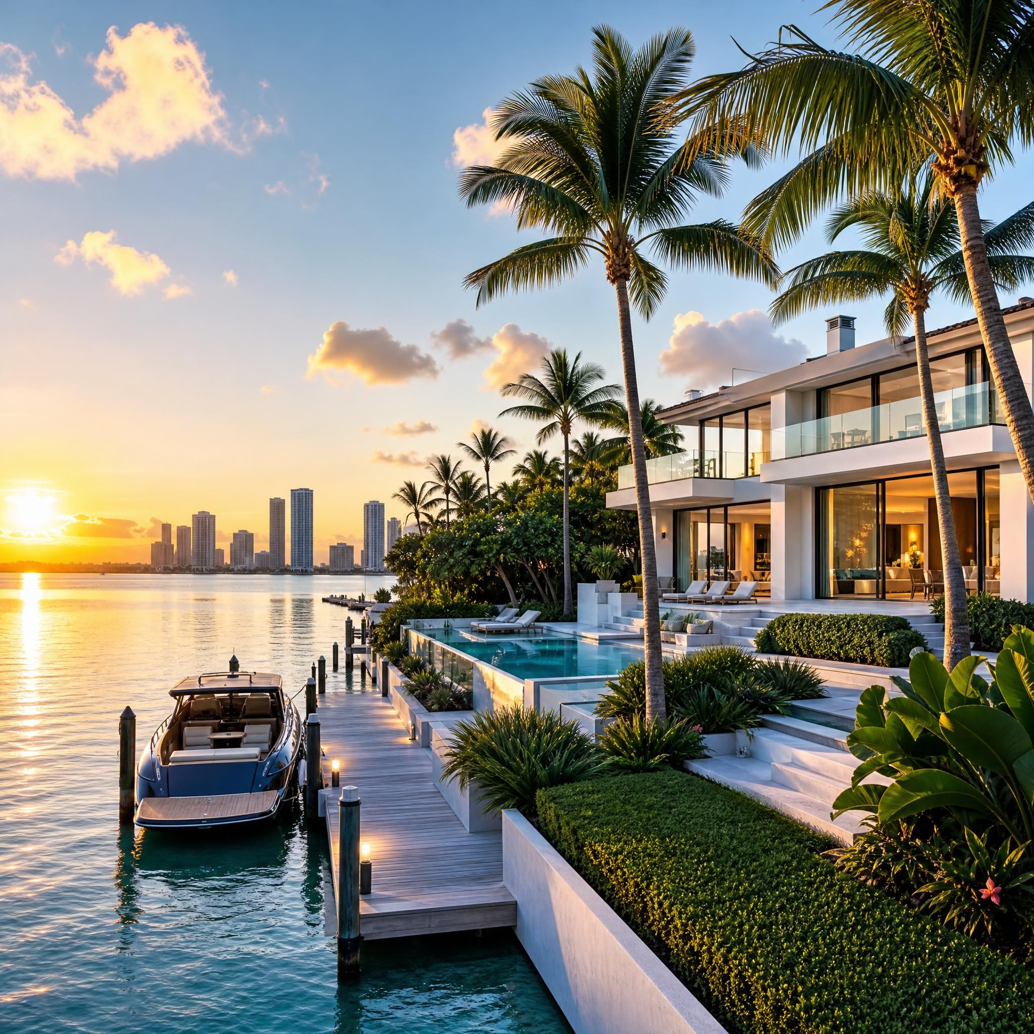 Miami Beach luxury waterfront property with private dock, lush tropical landscaping, and panoramic ocean views at sunrise