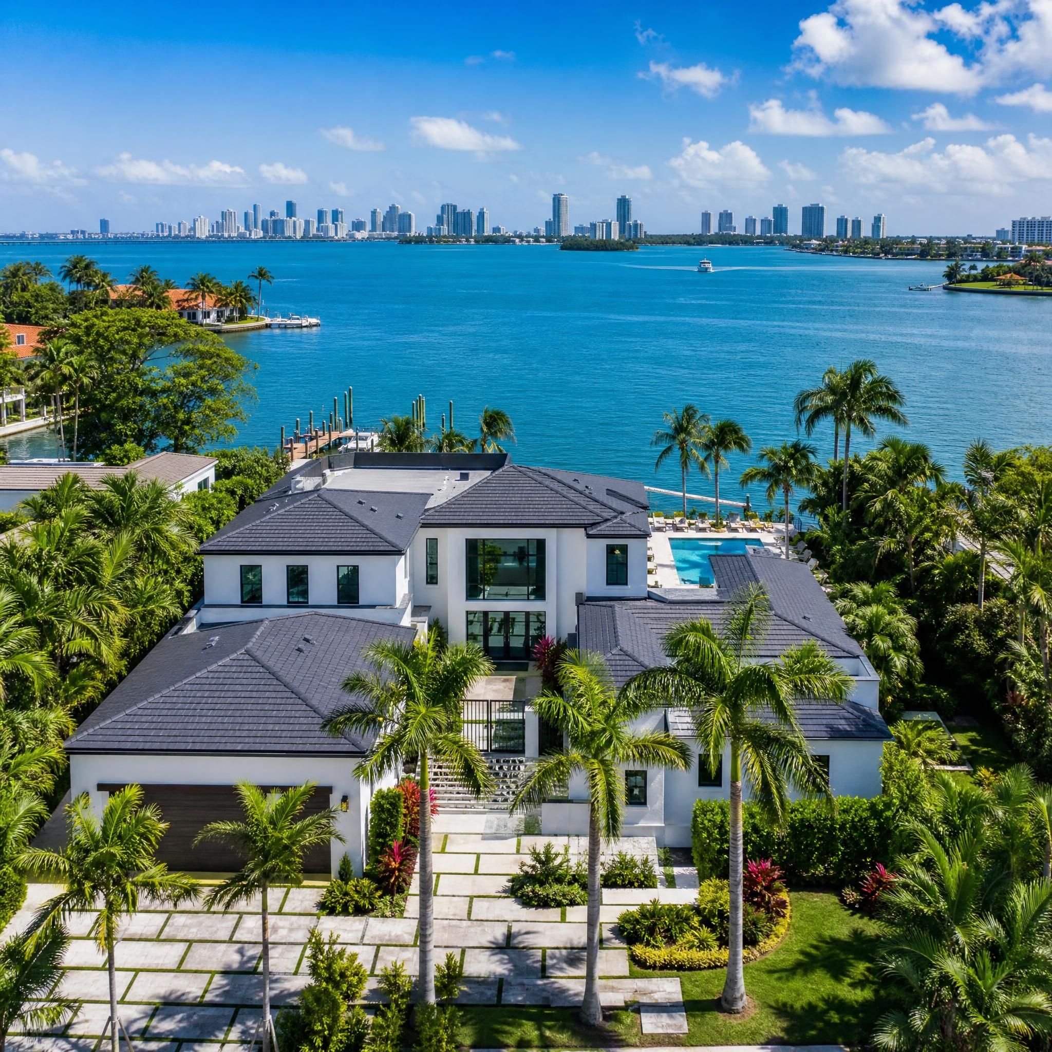 Aerial view of a luxury waterfront home in Miami-Dade County with blue sky and Biscayne Bay in the background, South Florida real estate
