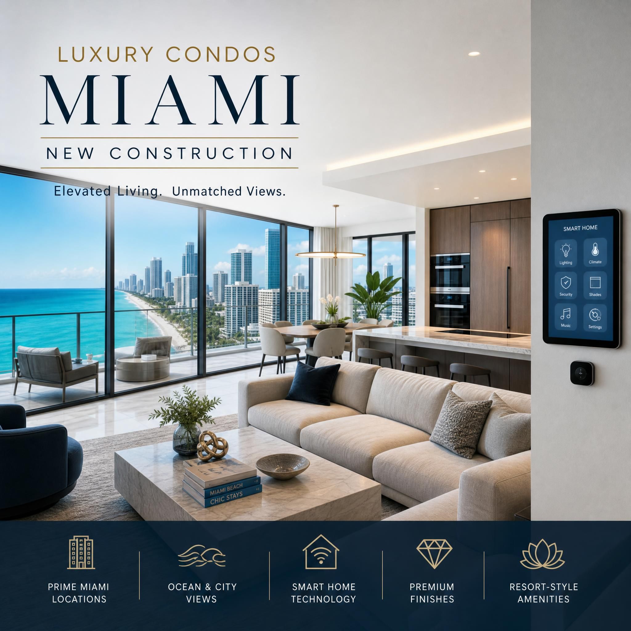 Luxury Miami condo interior with floor-to-ceiling windows overlooking ocean and city skyline, smart home technology and premium finishes, luxury condos Miami new construction