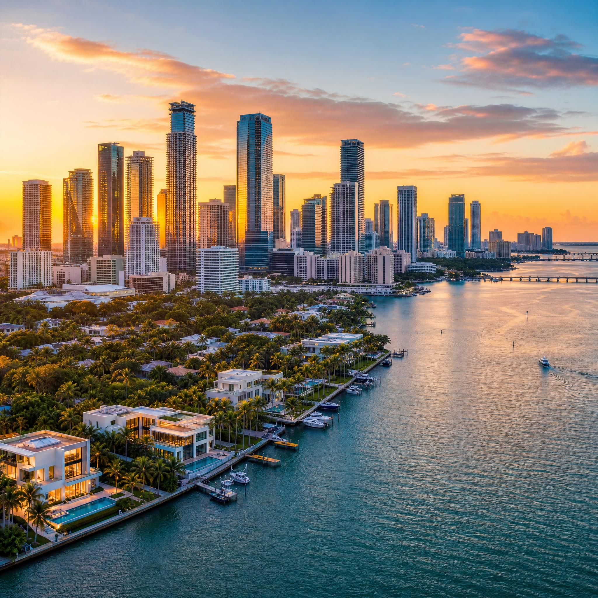 Aerial sunset view of Miami skyline with Brickell luxury towers and Biscayne Bay waterfront, new construction luxury homes Miami