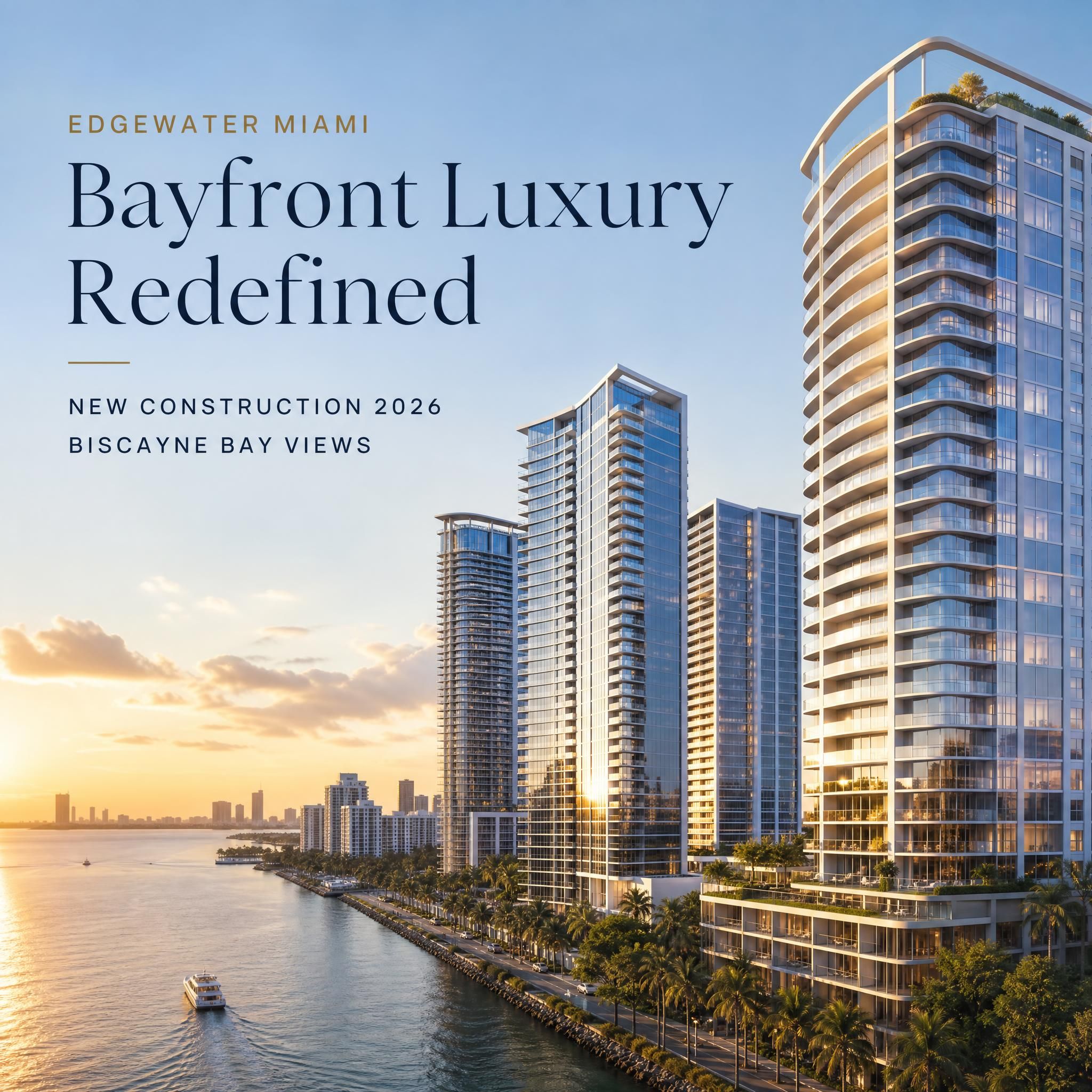 Edgewater Miami bayfront luxury condo towers with Biscayne Bay views at golden hour, Miami waterfront properties new construction 2026