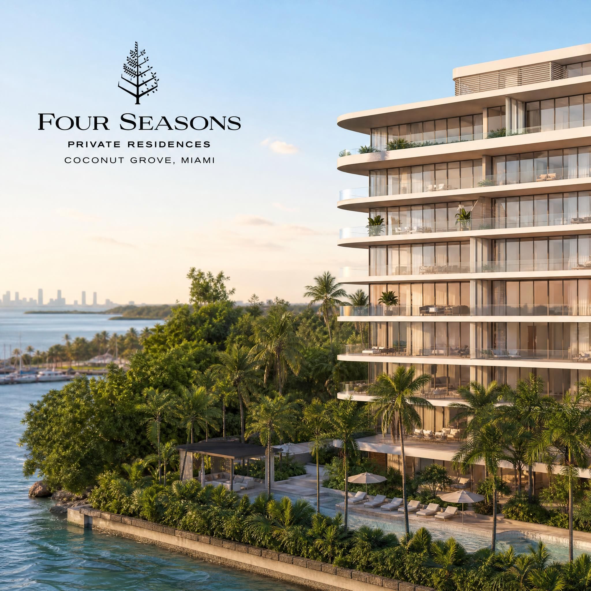 Four Seasons Coconut Grove luxury condo building exterior surrounded by lush tropical greenery, Miami waterfront properties luxury living