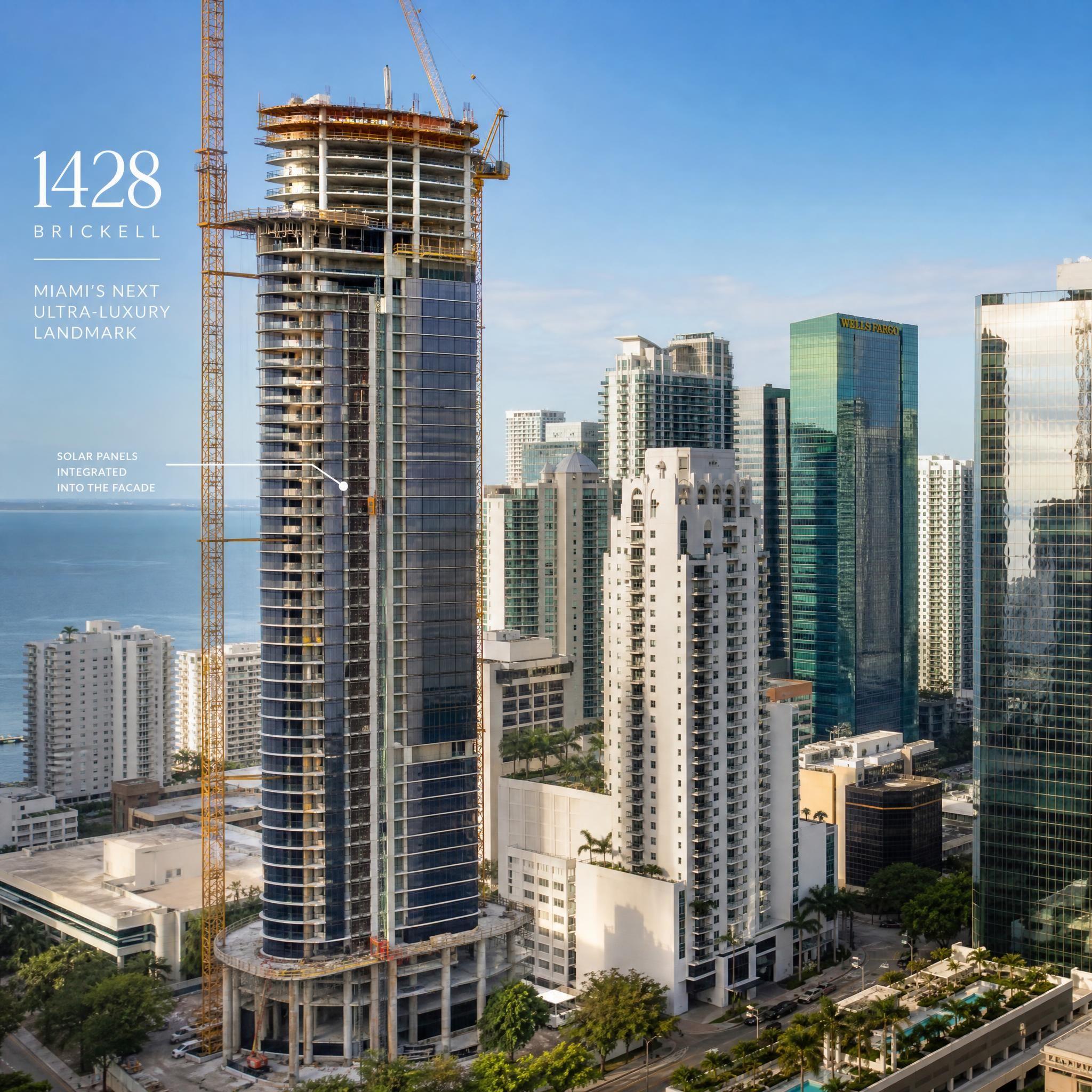 1428 Brickell ultra-luxury tower under construction in Miami's Financial District with solar facade panels, Brickell luxury condos new construction