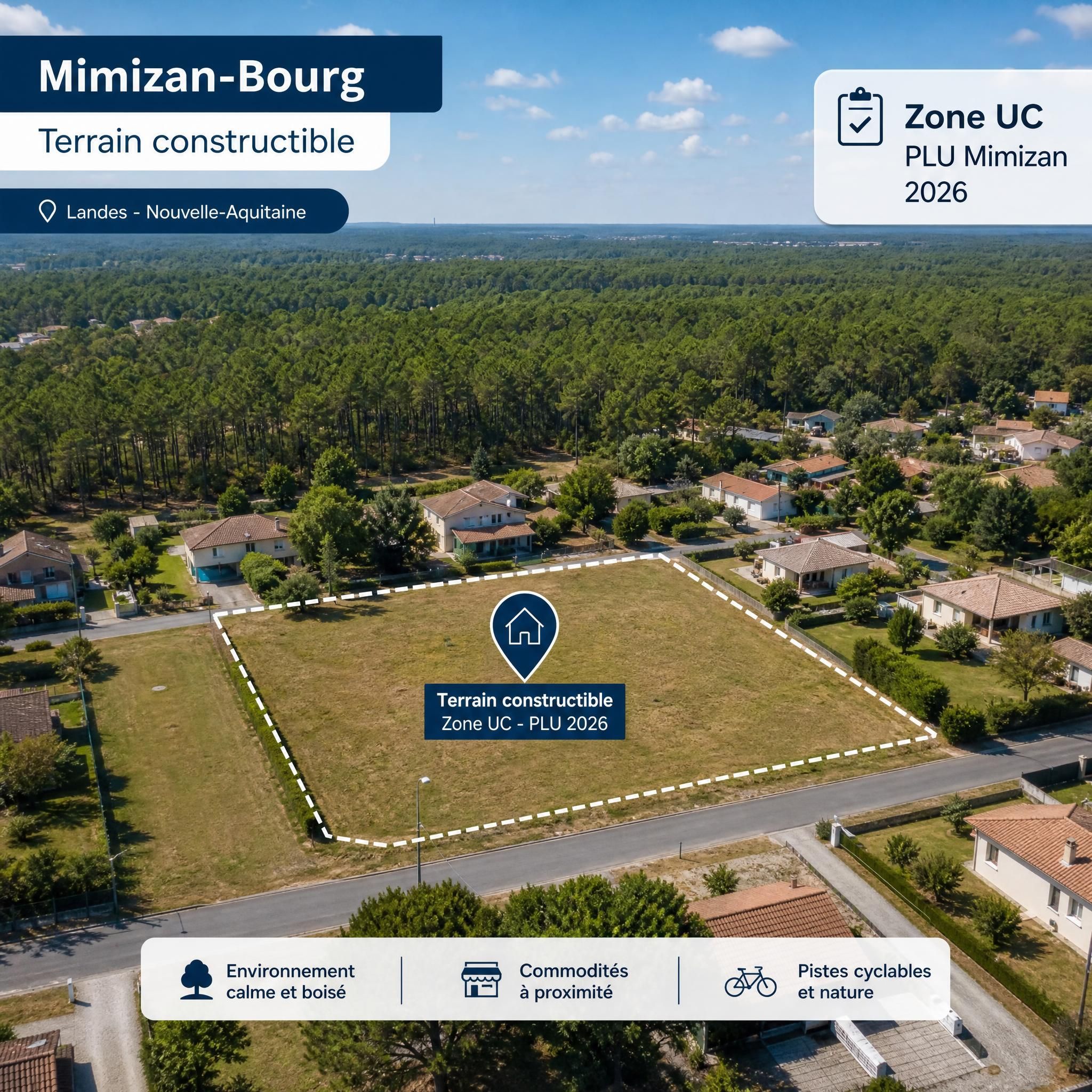 Vue aérienne drone d'un terrain constructible à Mimizan-Bourg avec forêt landaise en arrière-plan, zone UC PLU Mimizan 2026