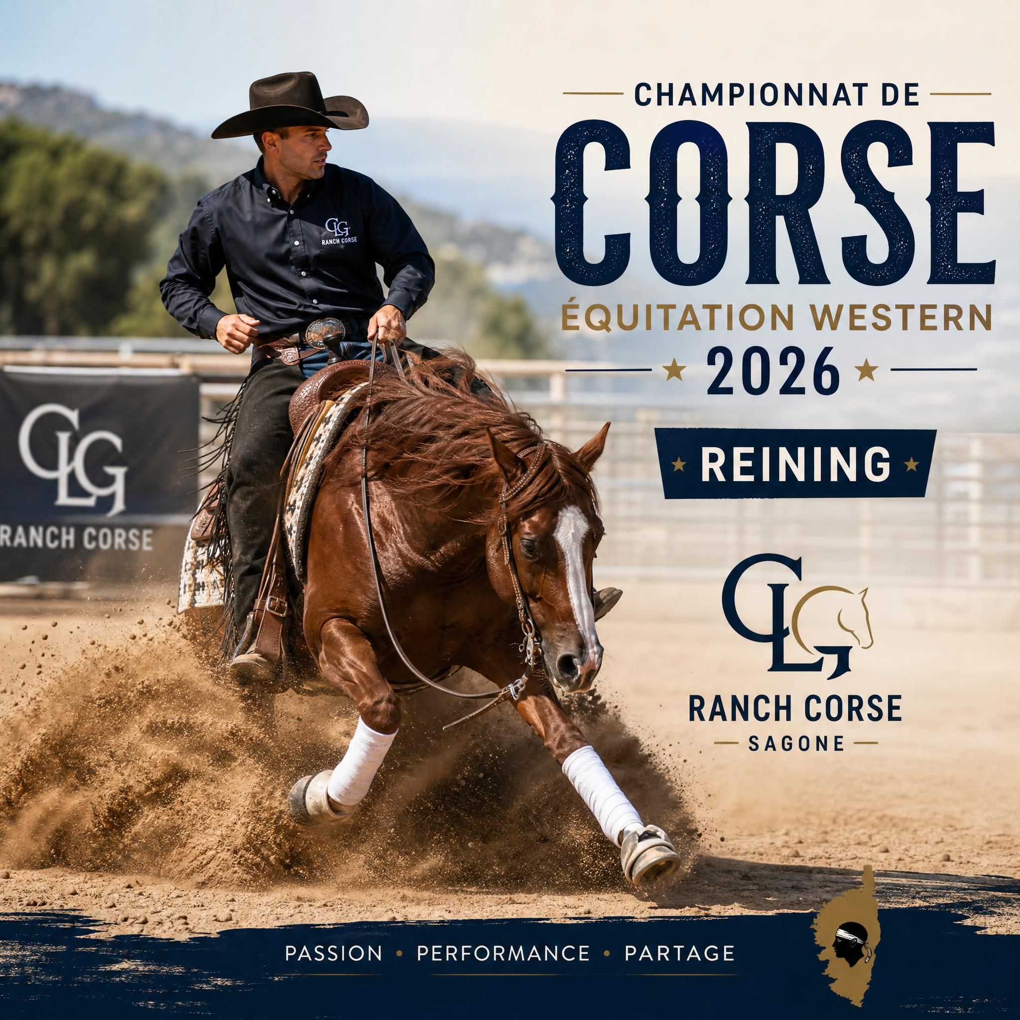 Cavalier en pleine action lors d'une épreuve de reining au Championnat de Corse d'équitation western 2026, CLG Ranch Corse, Sagone