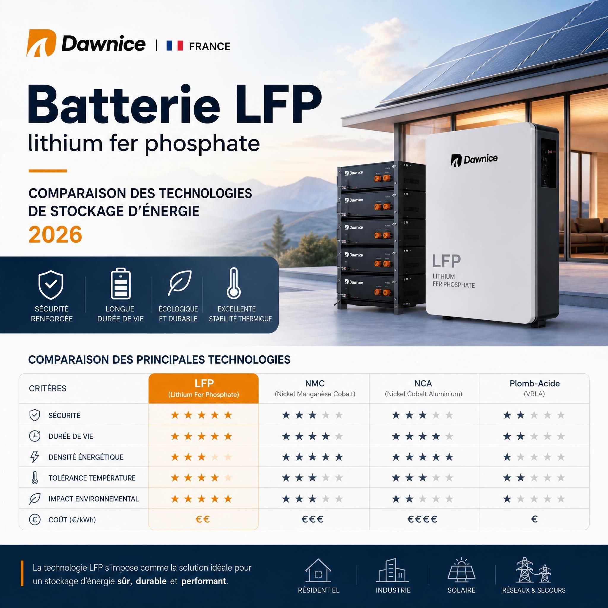 Batterie LFP lithium fer phosphate Dawnice France - comparaison technologie stockage énergie 2026