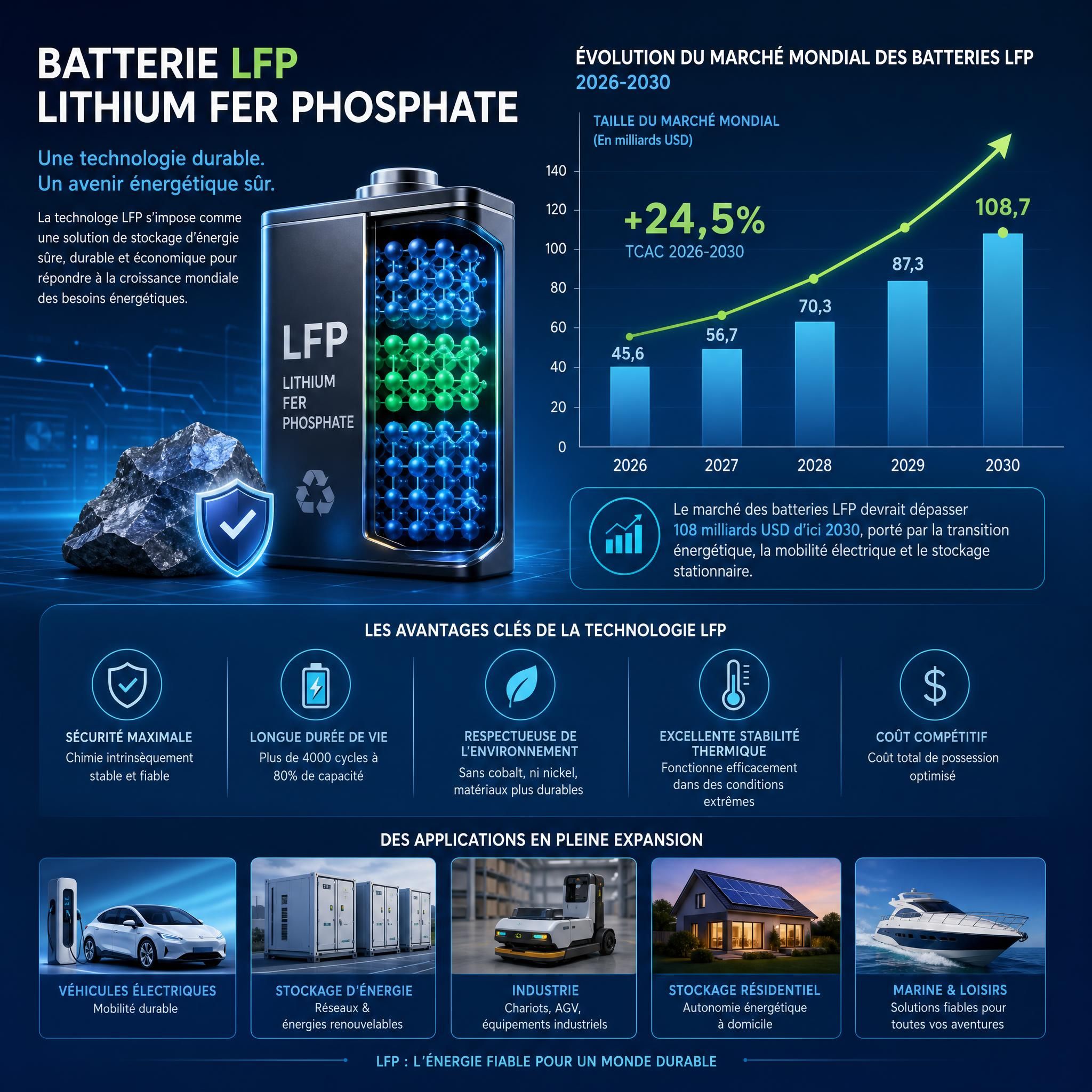 Graphique futuriste illustrant l'évolution de la technologie batterie LFP lithium fer phosphate avec des indicateurs de marché 2026-2030, fond bleu professionnel