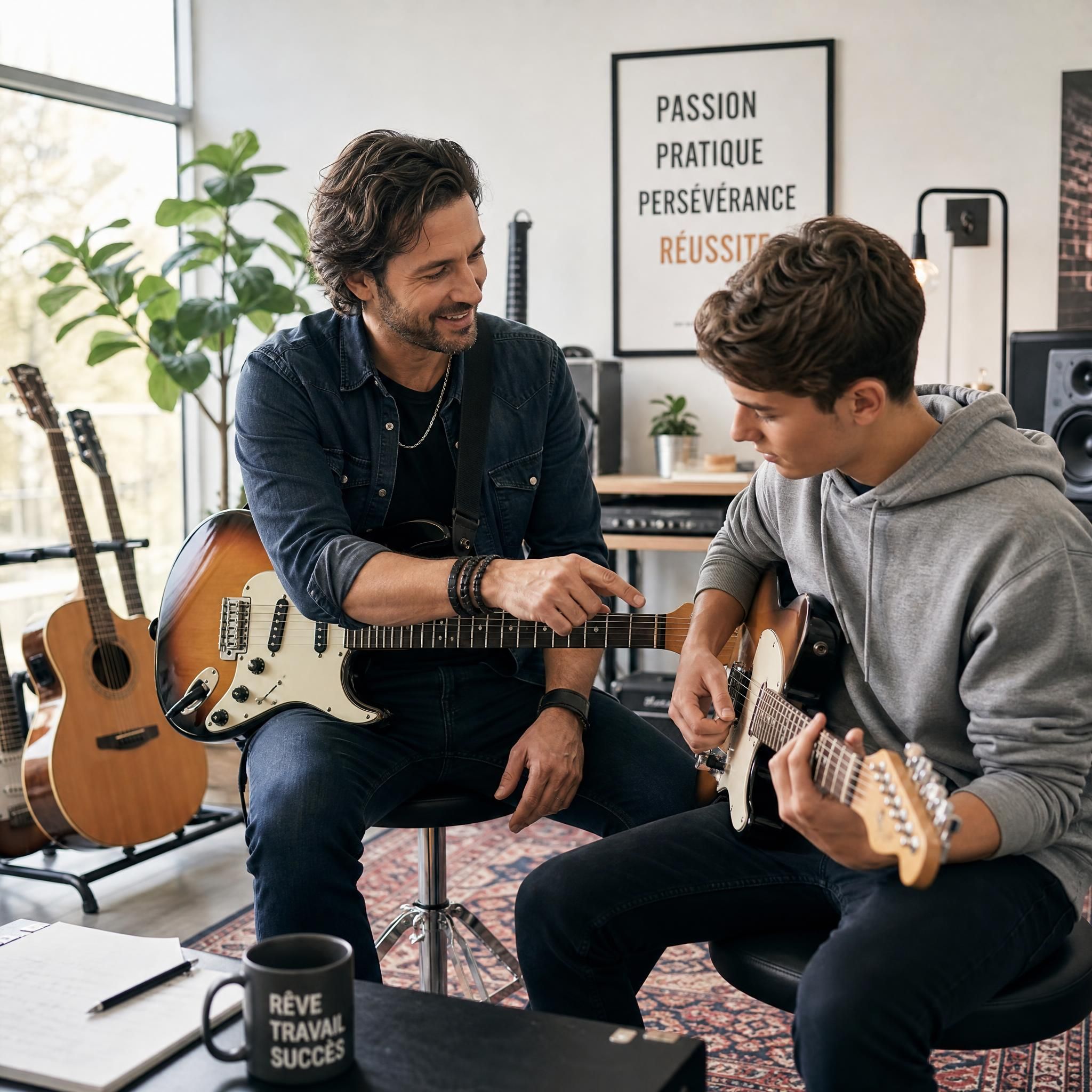 Musicien professionnel en train d'enseigner la guitare à un élève dans un studio lumineux, symbolisant la réussite d'une carrière musicale épanouissante