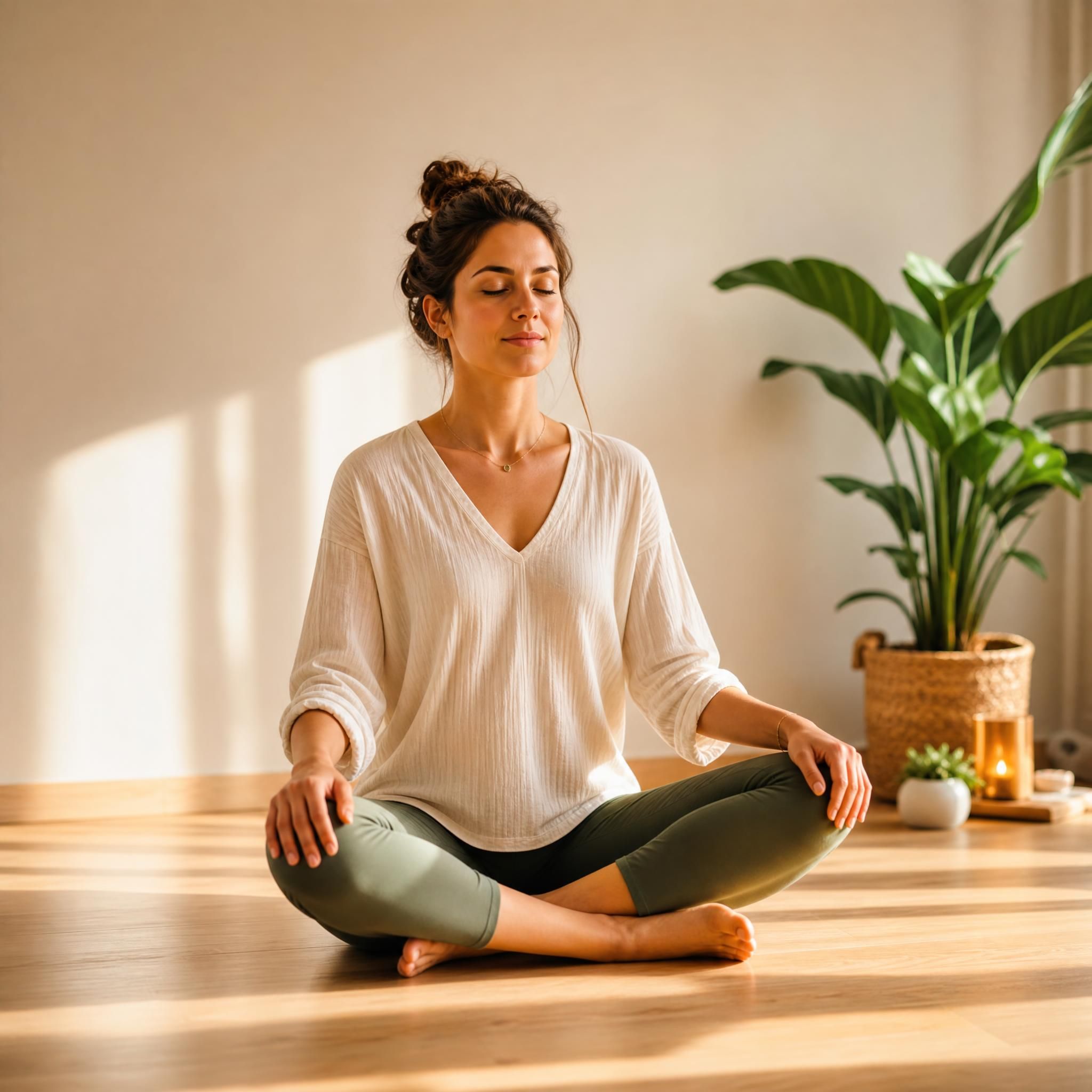Femme assise au sol en position d'ancrage, pieds nus sur un parquet en bois, dos droit, mains sur les genoux, lumière chaude et apaisante, plante verte en arrière-plan