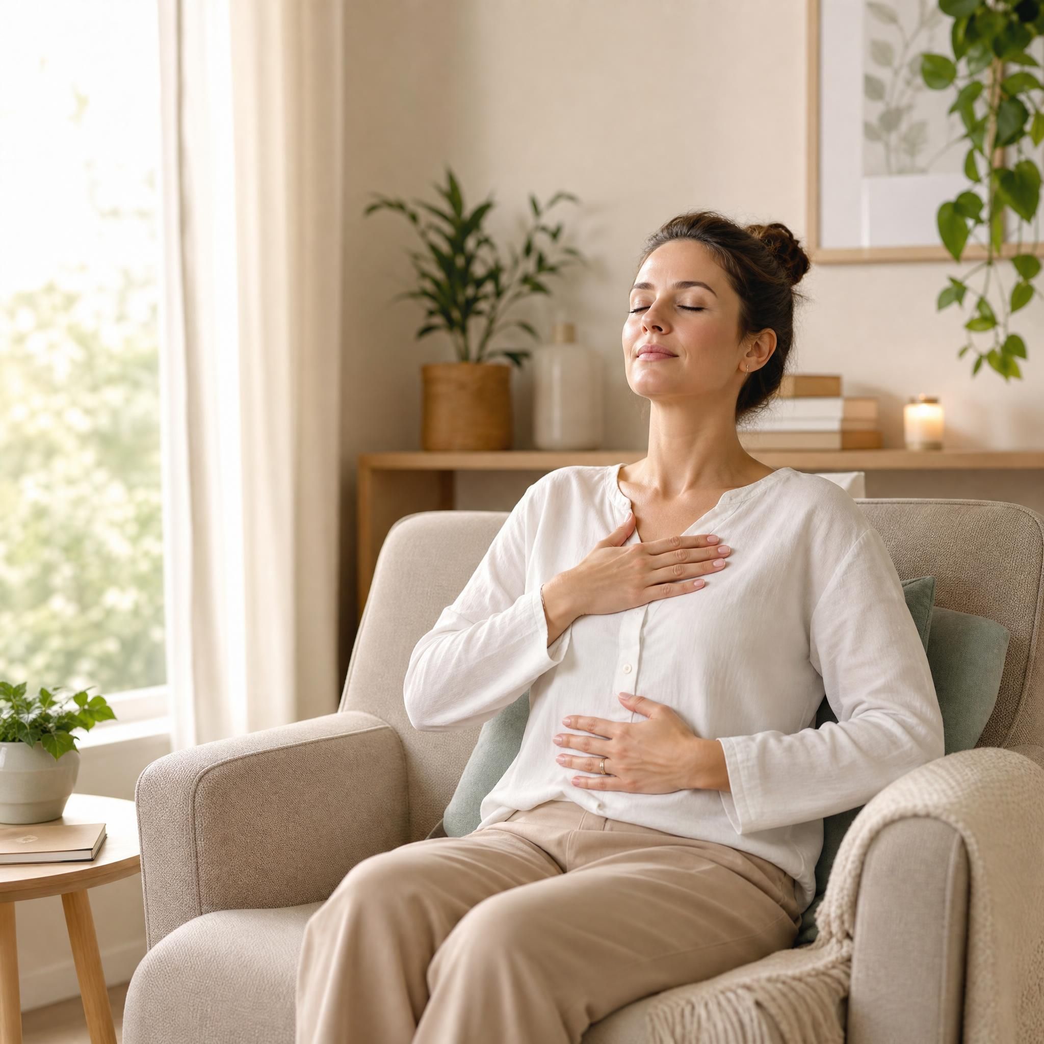 femme pratiquant un exercice de respiration profonde, assise dans un fauteuil confortable, yeux fermés, ambiance douce et apaisante, lumière naturelle