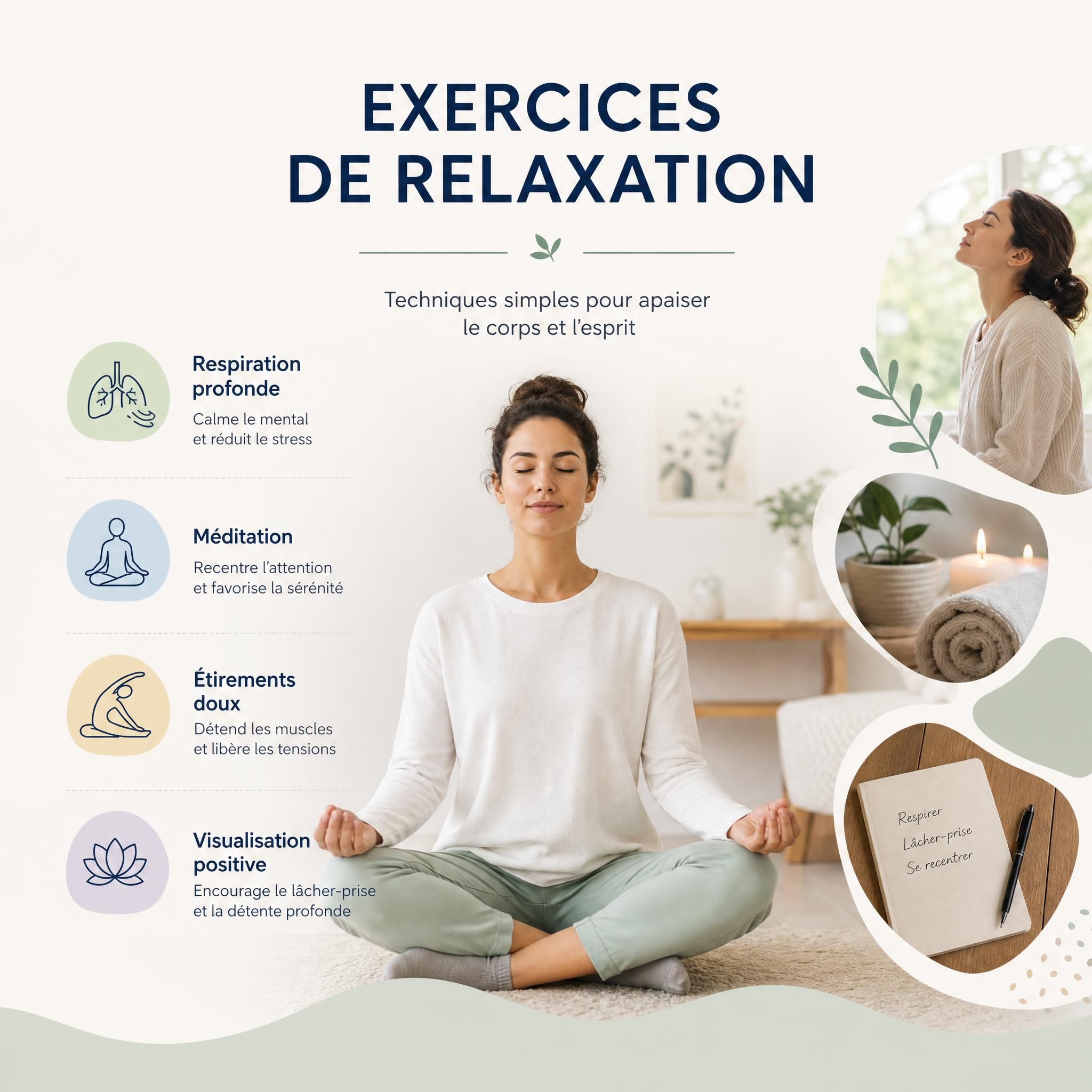 Femme dans un fauteuil confortable, épaules relâchées, yeux fermés, expression apaisée, lumière naturelle douce dans un cabinet d’hypnose moderne aux ton
3 exercices de relaxation pour apaiser votre système nerveux en 10 minutes
![exercices de relaxation