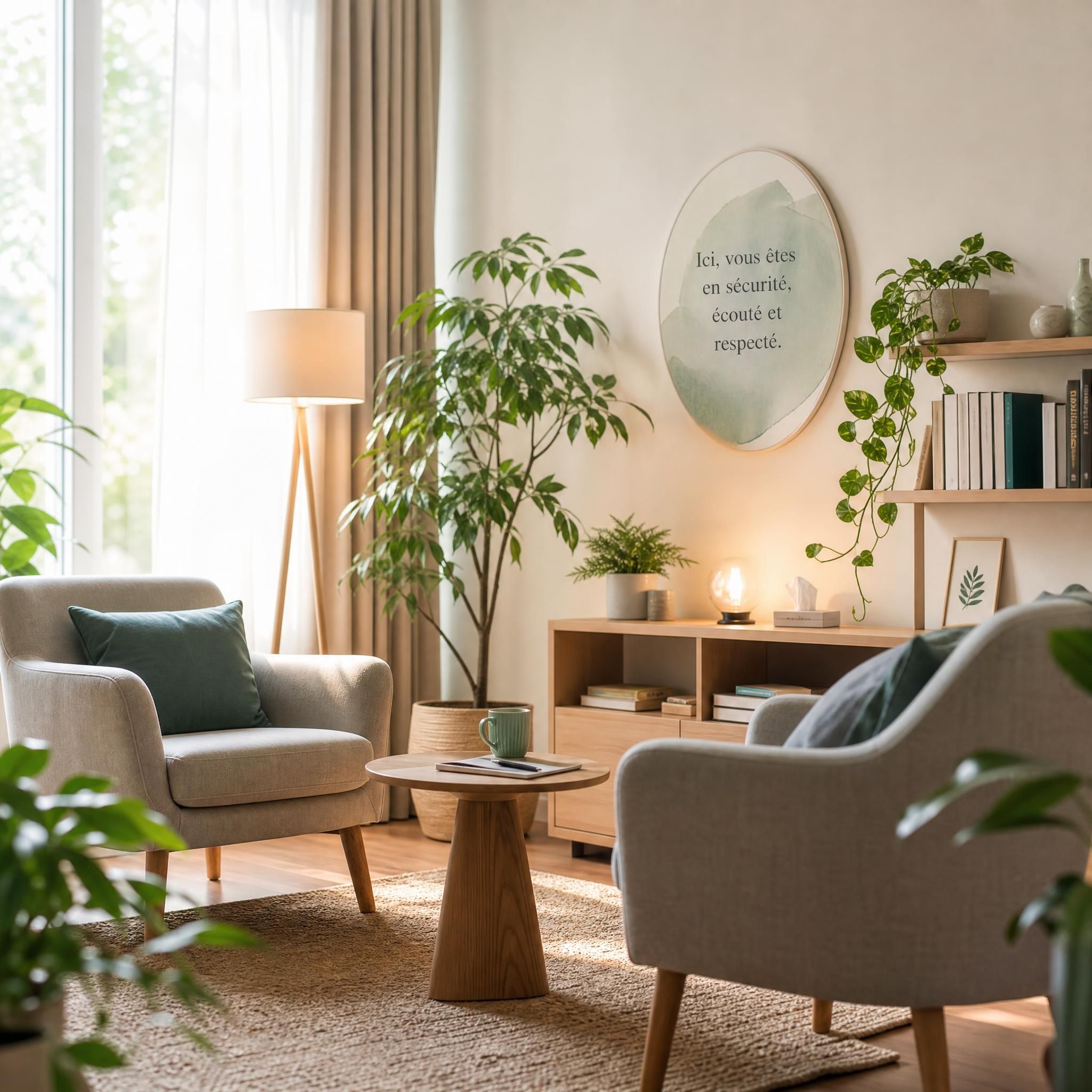 espace de soin lumineux et apaisant, fauteuil confortable, plantes vertes, lumière naturelle tamisée, atmosphère de sécurité et de bienveillance