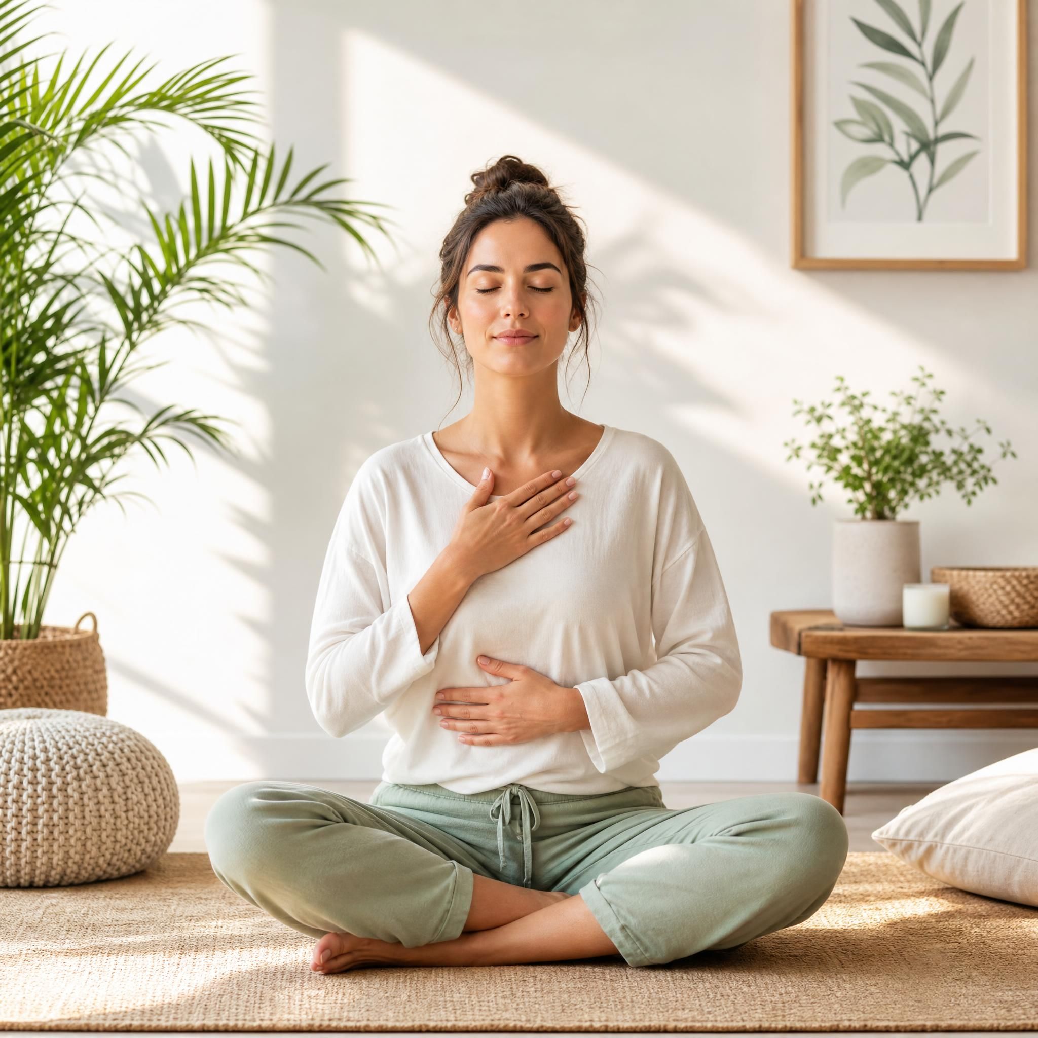 femme sereine assise en position de relaxation, les yeux fermés, pratiquant un exercice de respiration dans un espace lumineux et apaisant