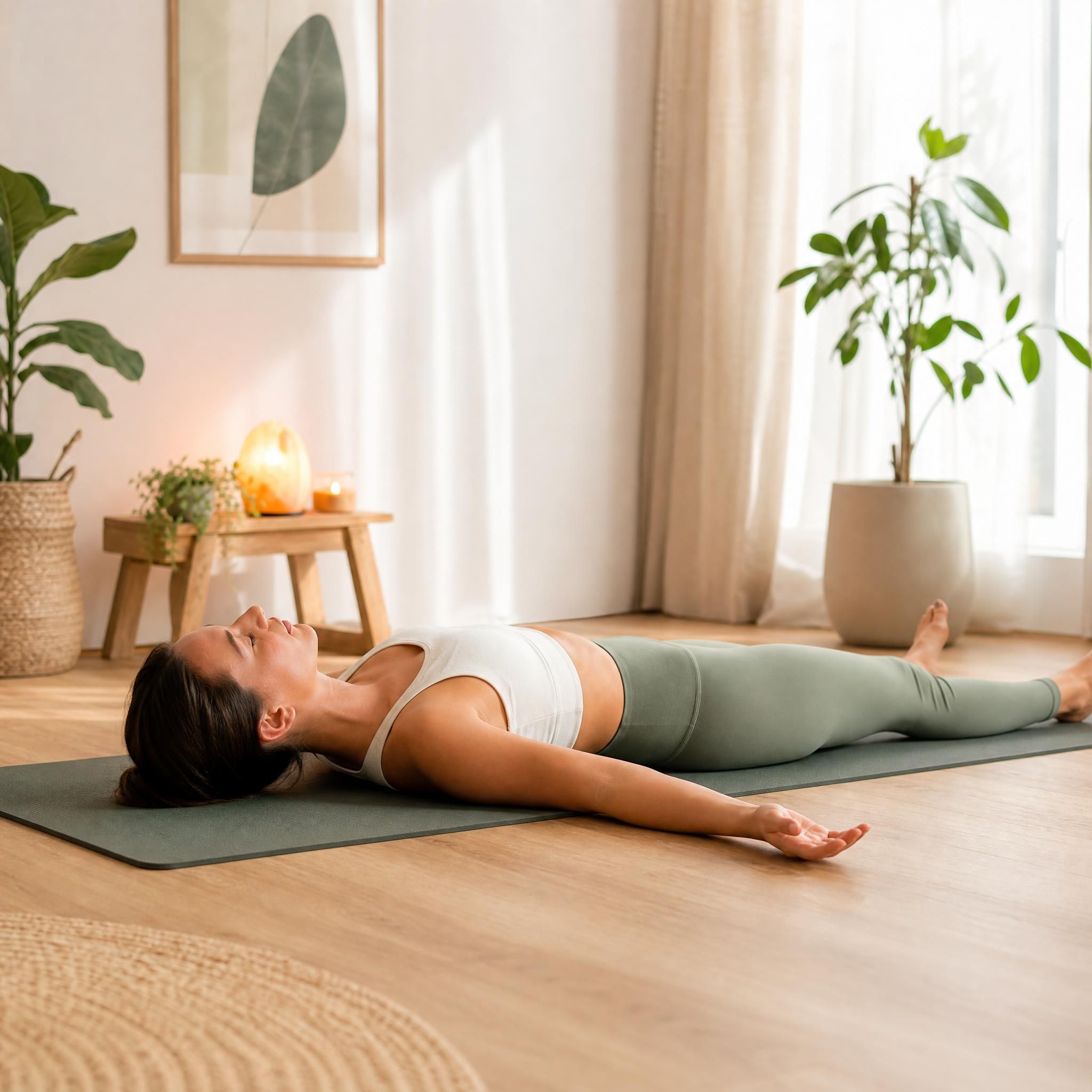 femme allongée sur un tapis de yoga dans un espace doux et lumineux, pratiquant un scan corporel les yeux fermés, mains ouvertes sur les côtés
