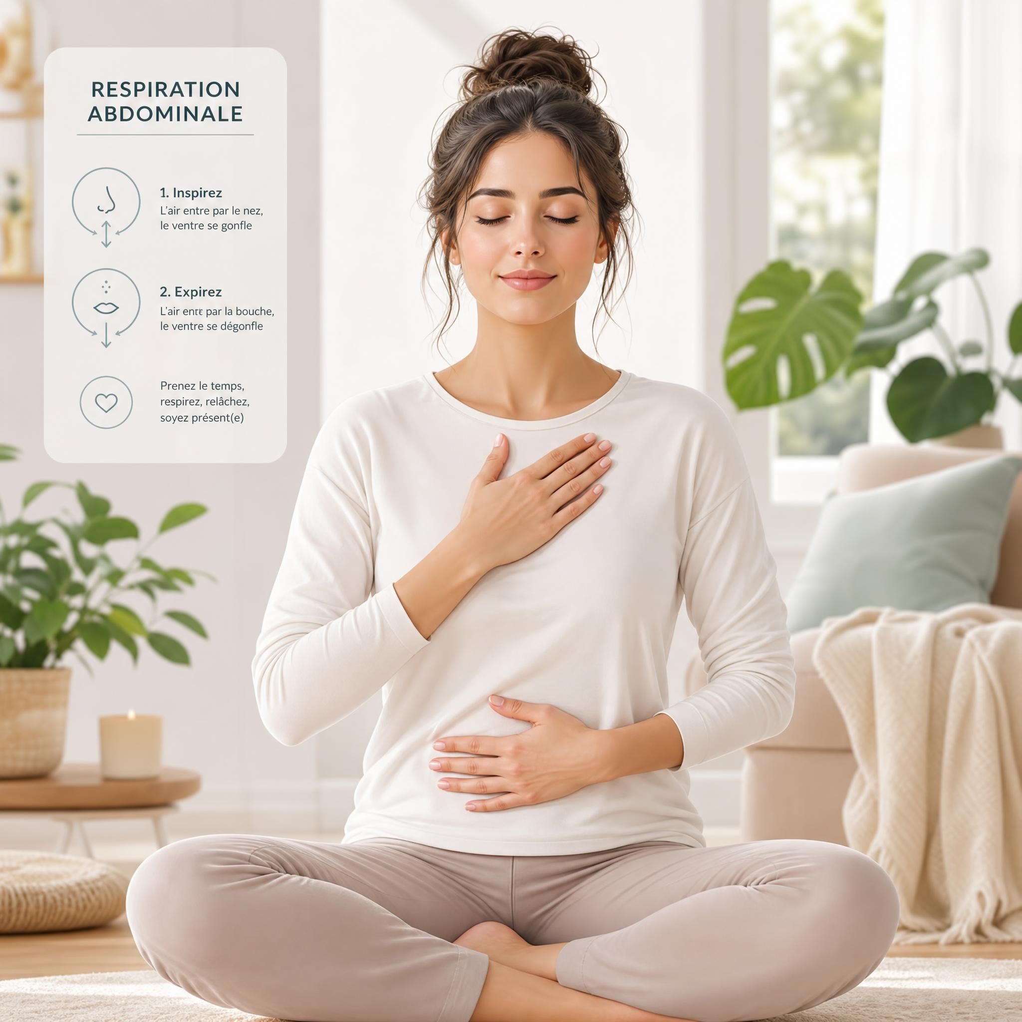 Illustration apaisante d'une femme pratiquant la respiration abdominale profonde, une main posée sur le ventre et l'autre sur la poitrine, fond doux et lumineux