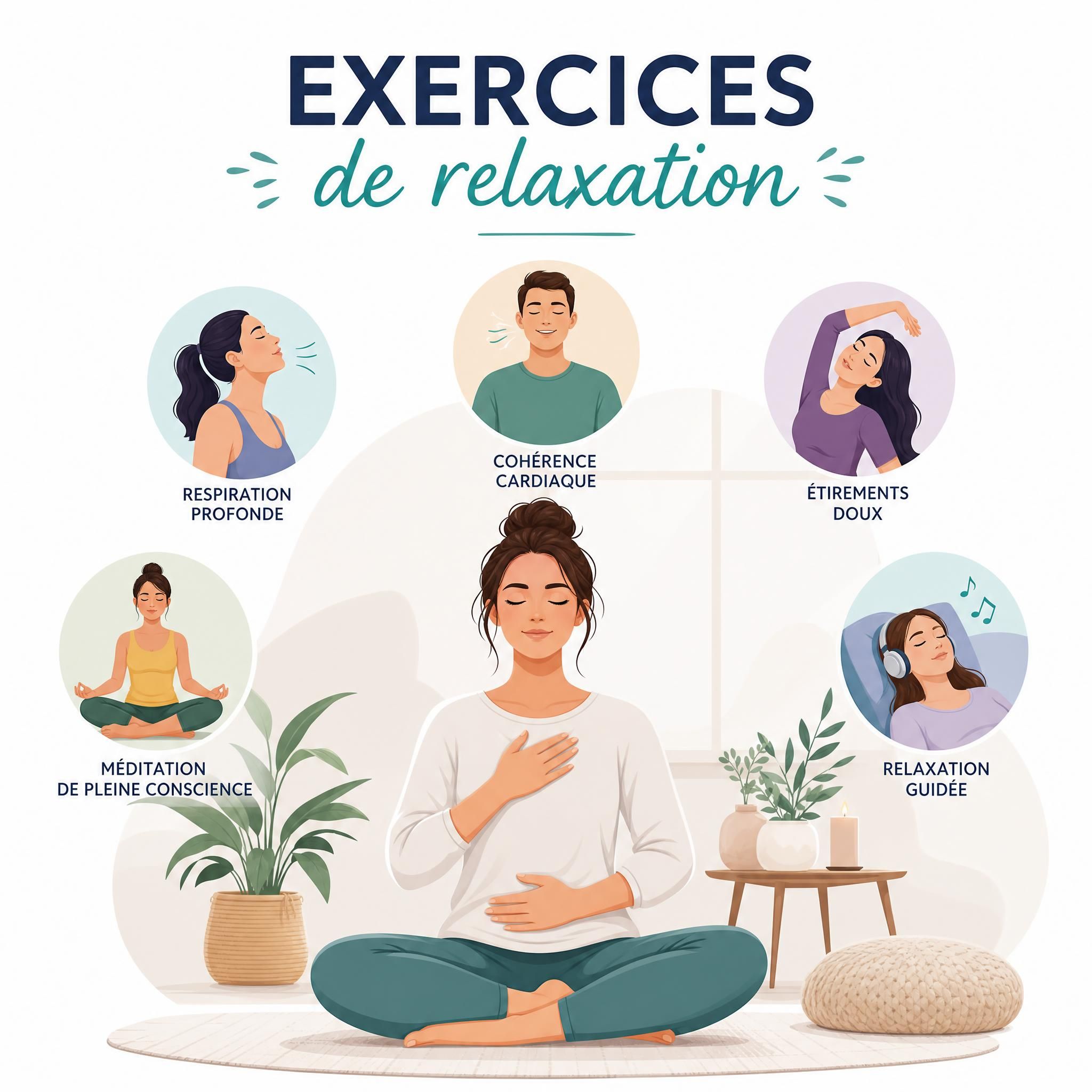 Femme d’environ 40 ans, yeux fermés, visage serein, assise dans un fauteuil chaleureux, pratiquant un exercice de respiration profonde dans un espace lum
3 exercices de relaxation pour apaiser votre système nerveux en 10 minutes
![Femme d’environ 40 ans aux yeux fermés, visage serein et détendu, assise dans un fauteuil chaleureux, pratiquant un exercice de respiration profonde, lum
Cohérence cardiaque, scan corporel, ancrage : quelle technique de relaxation choisir selon votre besoin ?
![exercices de relaxation